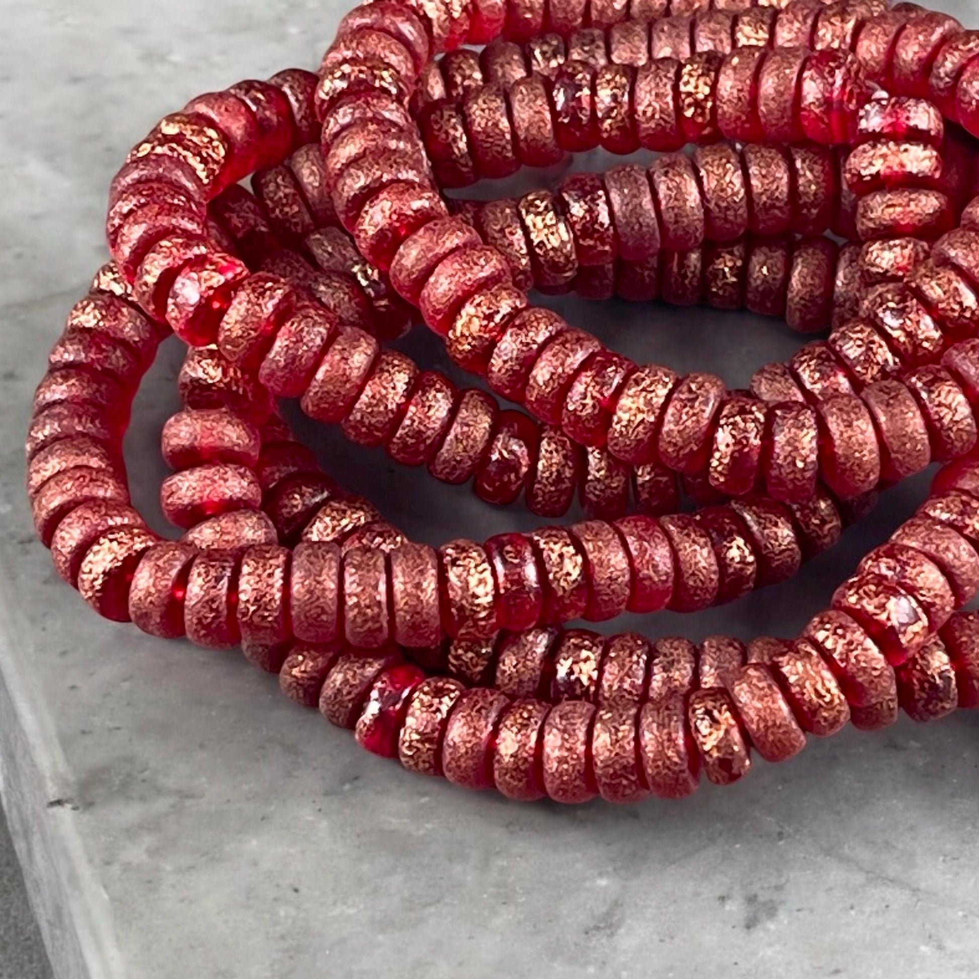 6mm Etched Red Heishi Rondelle, Czech Glass Beads, Red with Copper Wash (HSH/N-1887) * 40 Beads