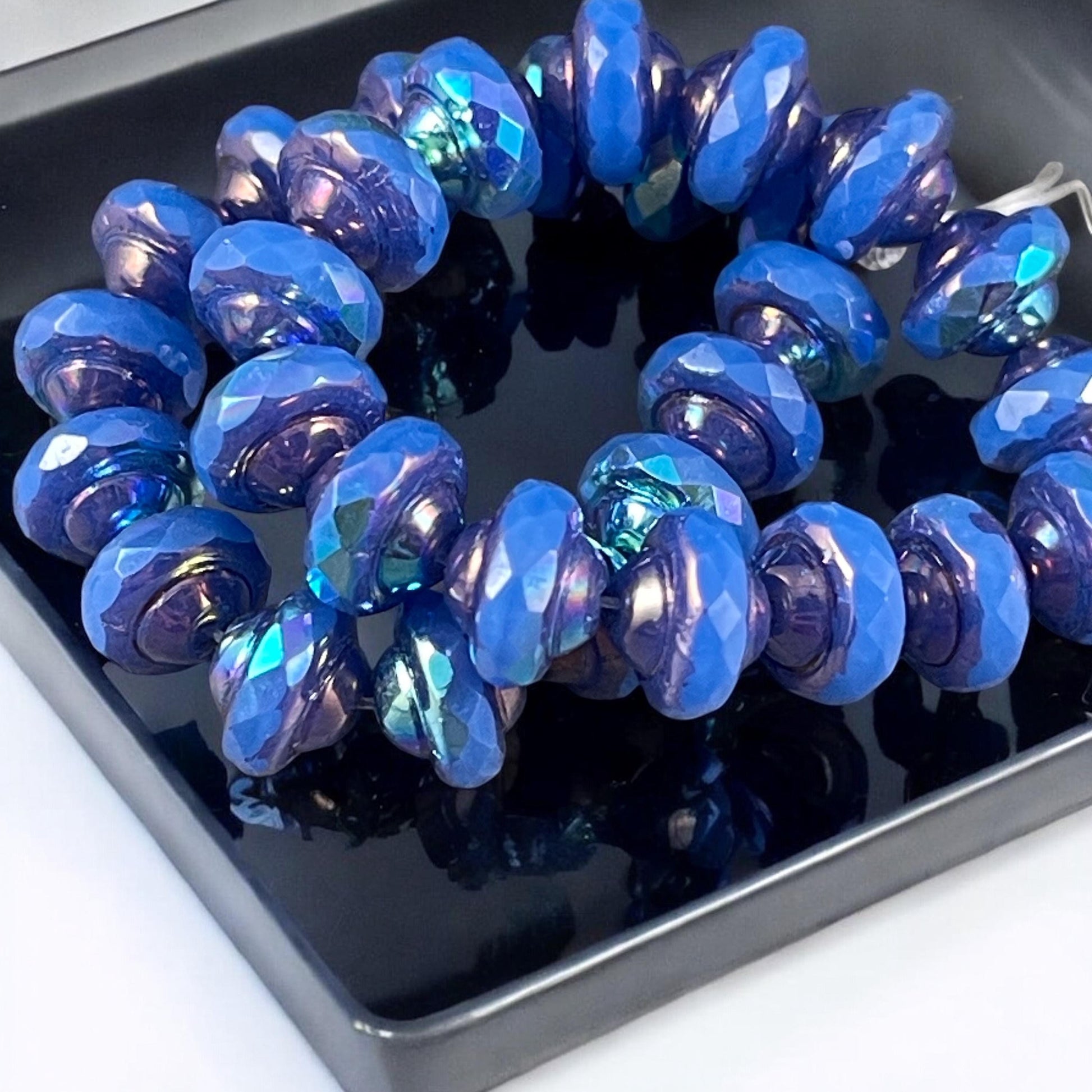 Blue 8x6mm Bicone, Czech Glass Beads, Cornflower Blue with Bronze Picasso and AB Finish (SAT/N-0792) * Qty. 15