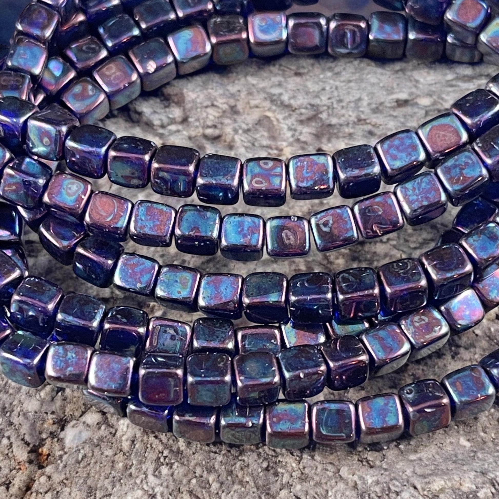 4mm Dark Blue Czech Glass Cube Beads, Sapphire Czech Glass Beads with Mother of Pearl Finish (CUB/N-1088) * Qty. 40