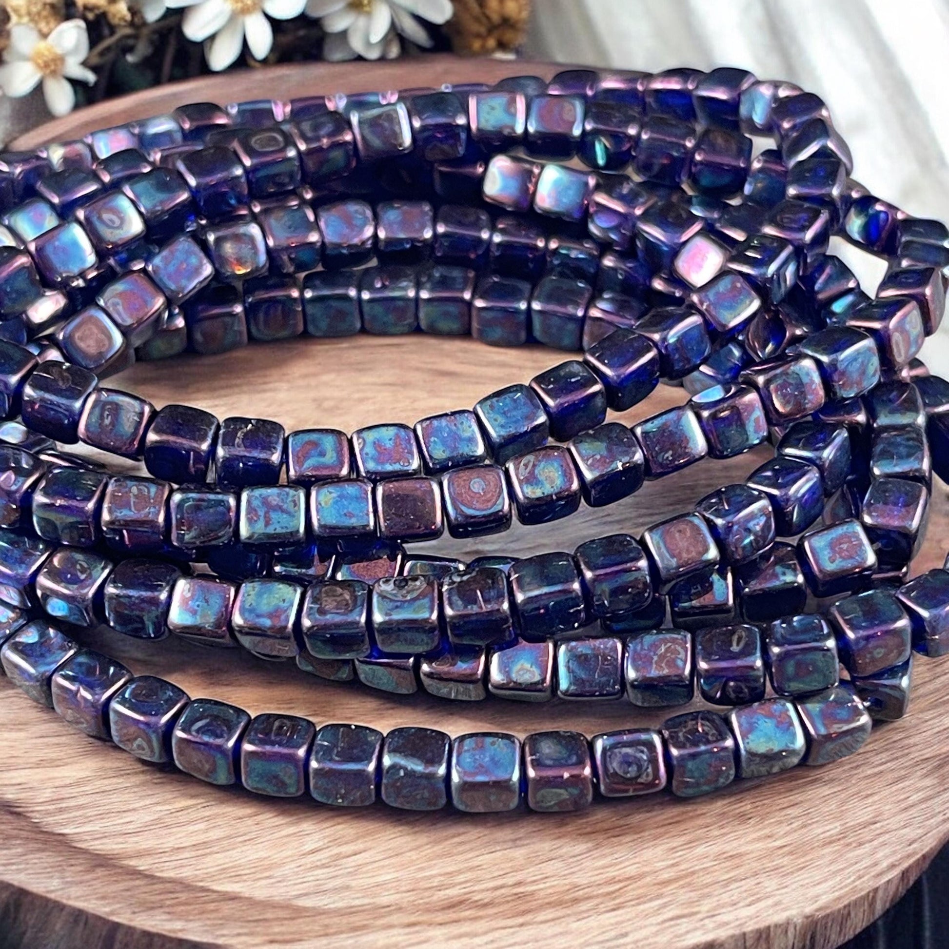 4mm Dark Blue Czech Glass Cube Beads, Sapphire Czech Glass Beads with Mother of Pearl Finish (CUB/N-1088) * Qty. 40