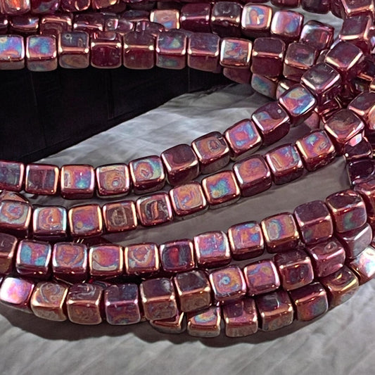 4mm Czech Glass Cube Beads, Metallic Rust Czech Glass Beads with Purple Iridescent Finish (CUB/N-0917) * Qty. 40