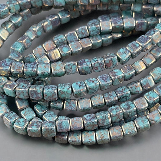 4mm Czech Glass Cube Beads, Turquoise Czech Glass Beads with Bronzed Indigo Picasso (CUB/N-2086) * Qty. 40