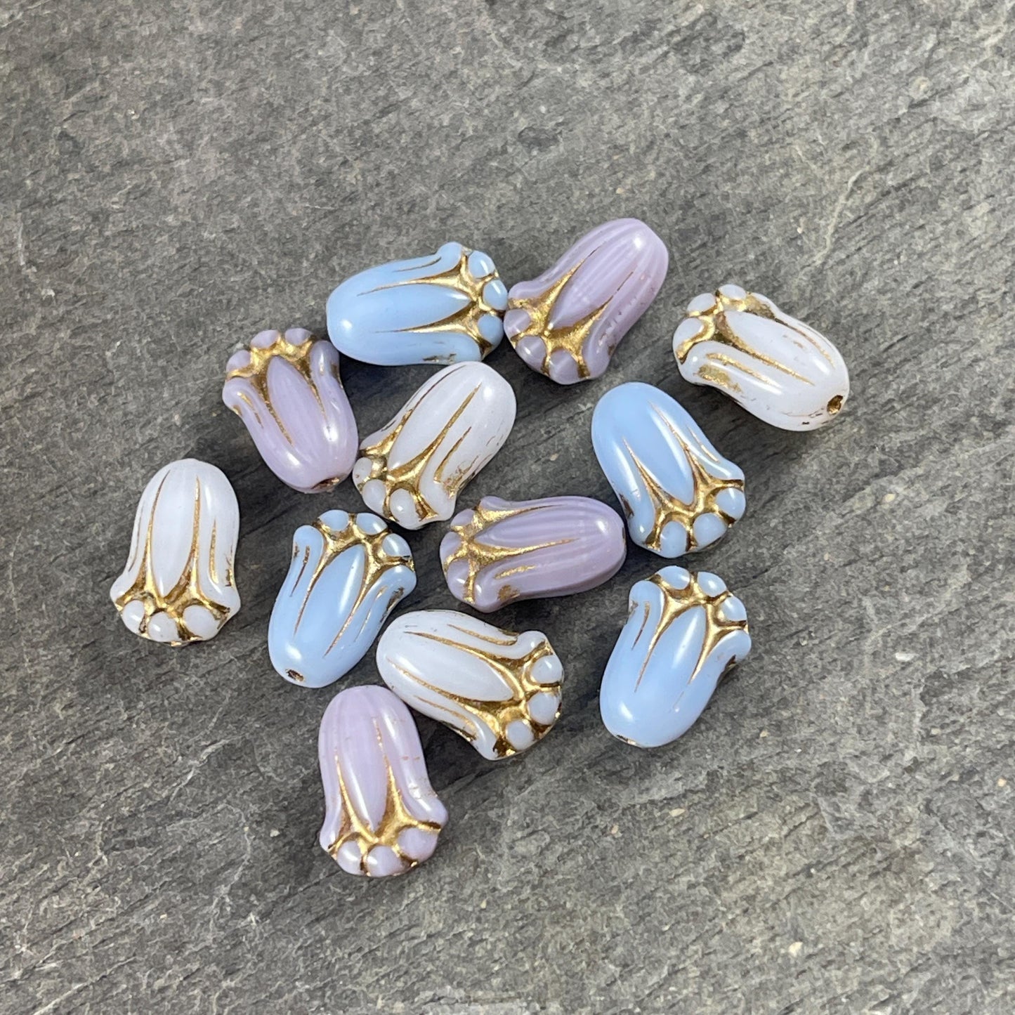 12x8mm Lily Bud Flower Assortment, White, Light Blue and Lavender Flower Beads (LBud-Mix2) * Qty. 12