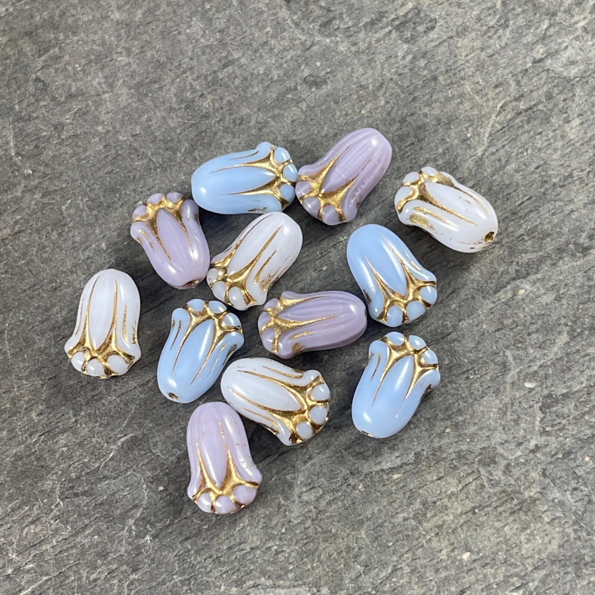 12x8mm Lily Bud Flower Assortment, White, Light Blue and Lavender Flower Beads (LBud-Mix2) * Qty. 12