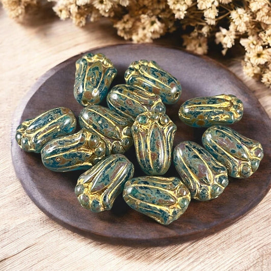 Czech Glass Beads - 12x8mm Capri Blue with Travertine and Gold Wash (LBud47) * Qty. 12