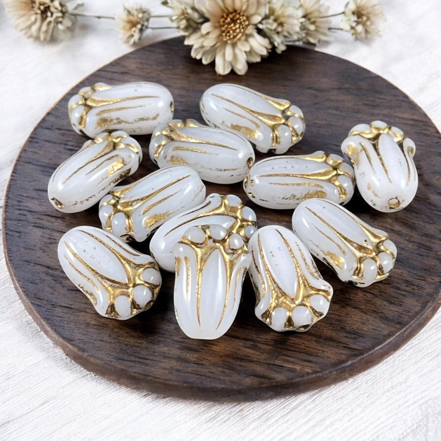 Czech Glass Beads - 12x8mm Lily Bud, Opaque Alabaster White with Gold Wash (LBud9) * Qty. 12