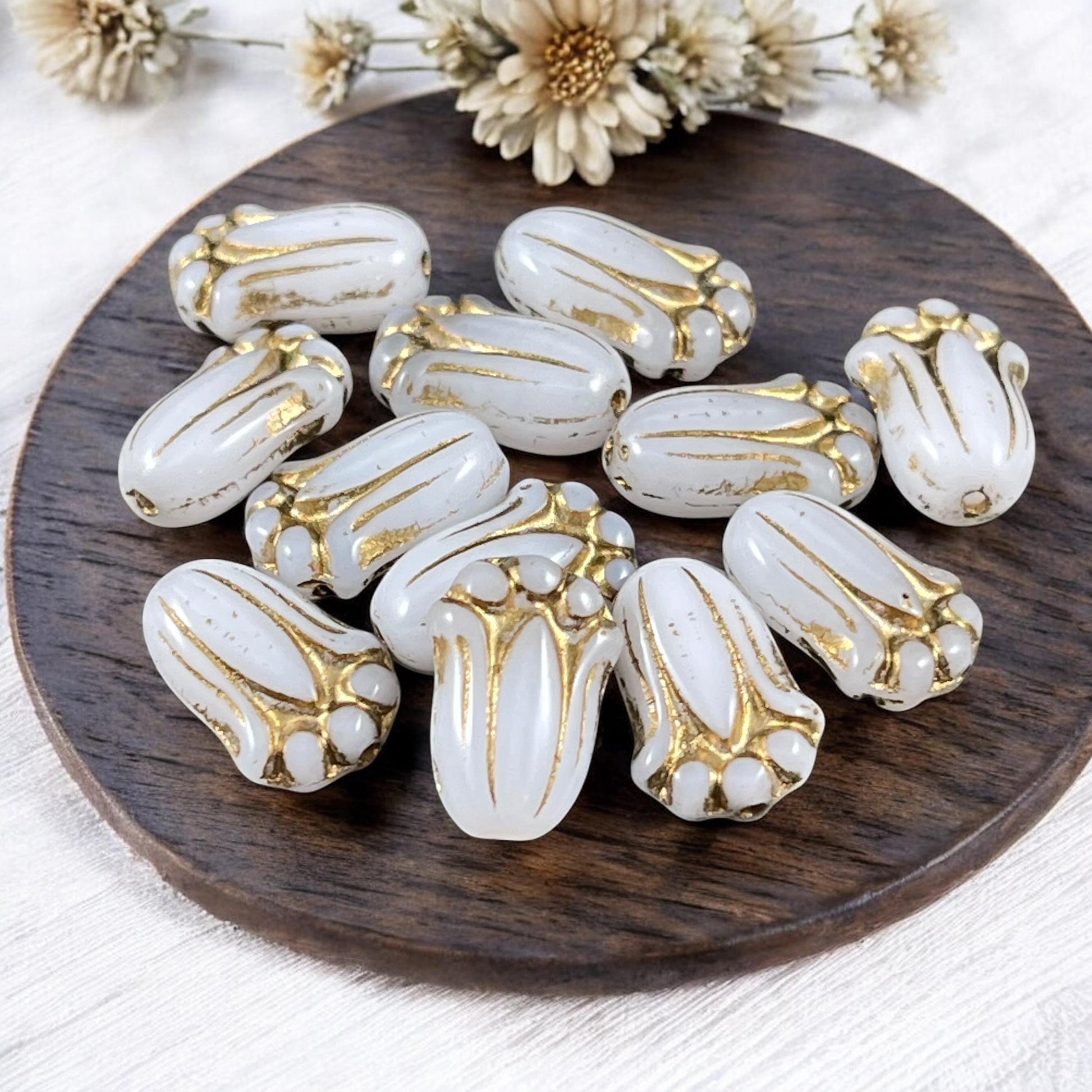 Czech Glass Beads - 12x8mm Lily Bud, Opaque Alabaster White with Gold Wash (LBud9) * Qty. 12