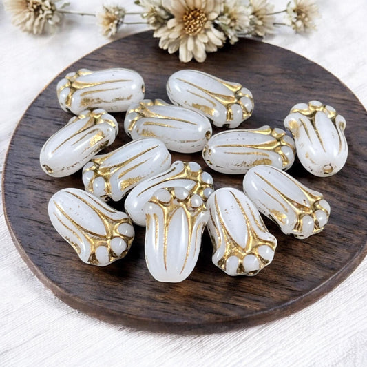 Czech Glass Beads - 12x8mm Lily Bud, Opaque Alabaster White with Gold Wash (LBud9) * Qty. 12