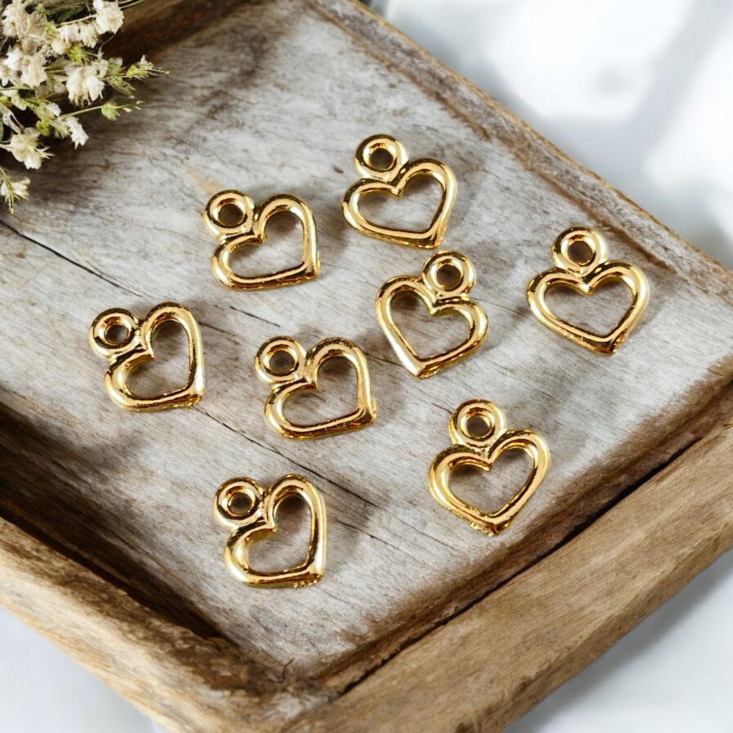 TierraCast Open Heart Charm, Small Gold Heart Charms for Charm Bracelet, Earring Charms (PF/442-12) * Qty. 10