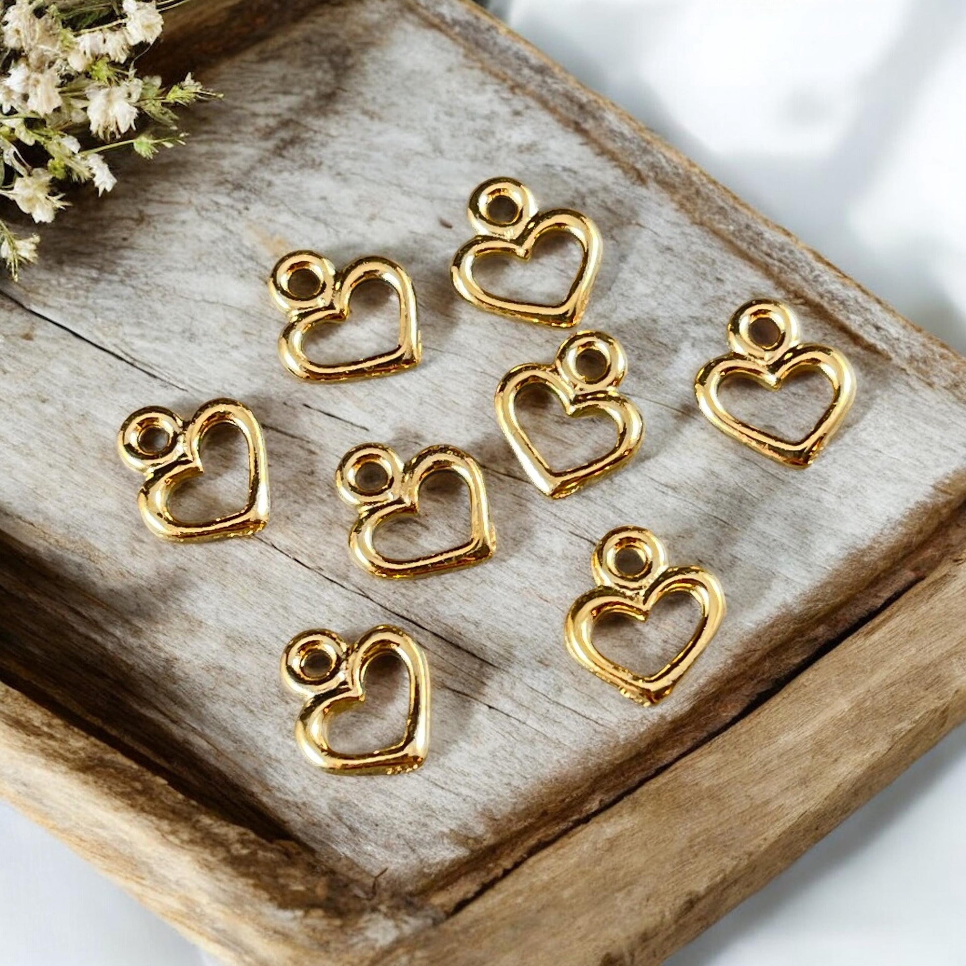 TierraCast Open Heart Charm, Small Gold Heart Charms for Charm Bracelet, Earring Charms (PF/442-12) * Qty. 10