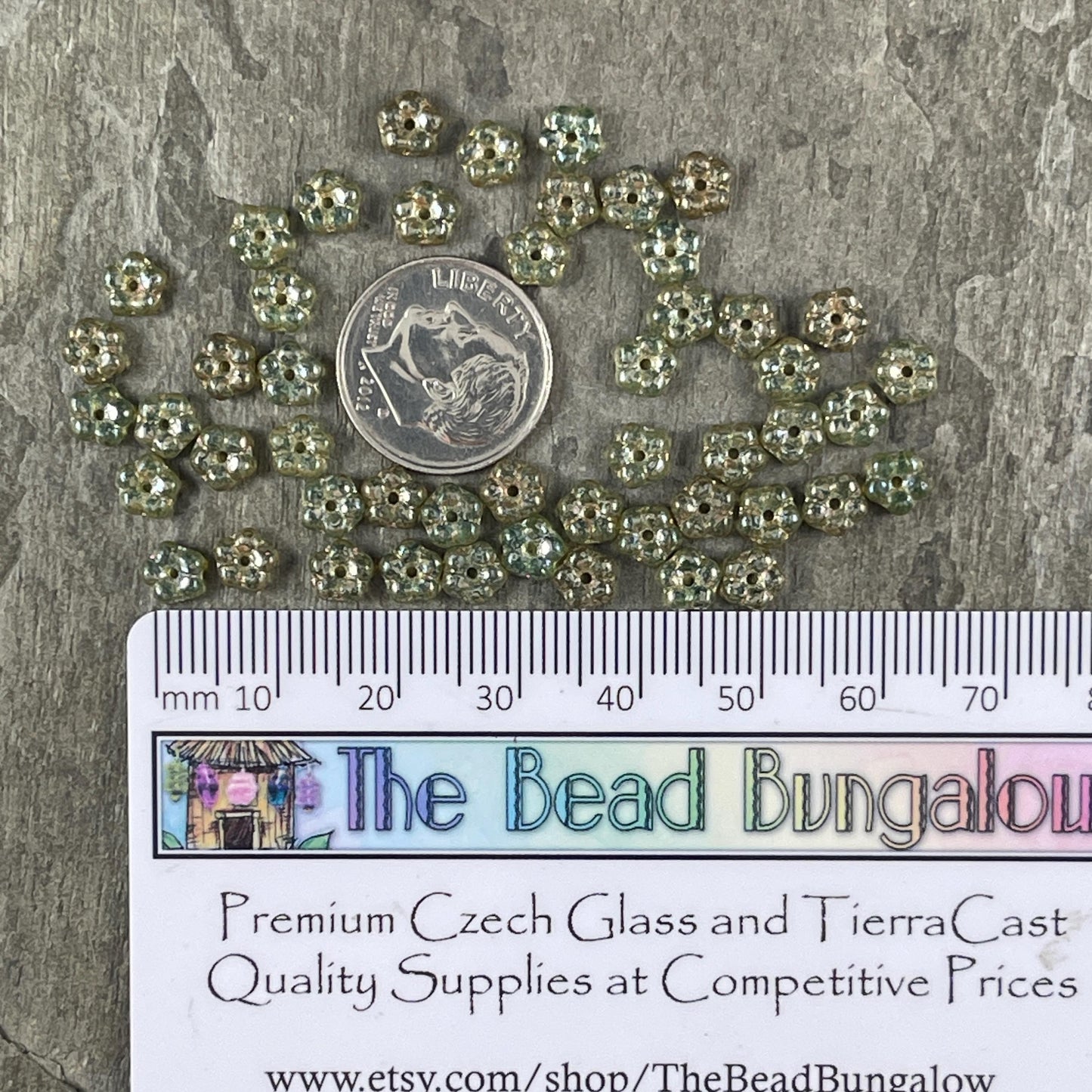 Forget Me Not Daisy Spacers Czech Glass Beads Sea Green with Picasso Finish 5mm Flower Spacer Beads (FMN/N-0103) * Qty. 50