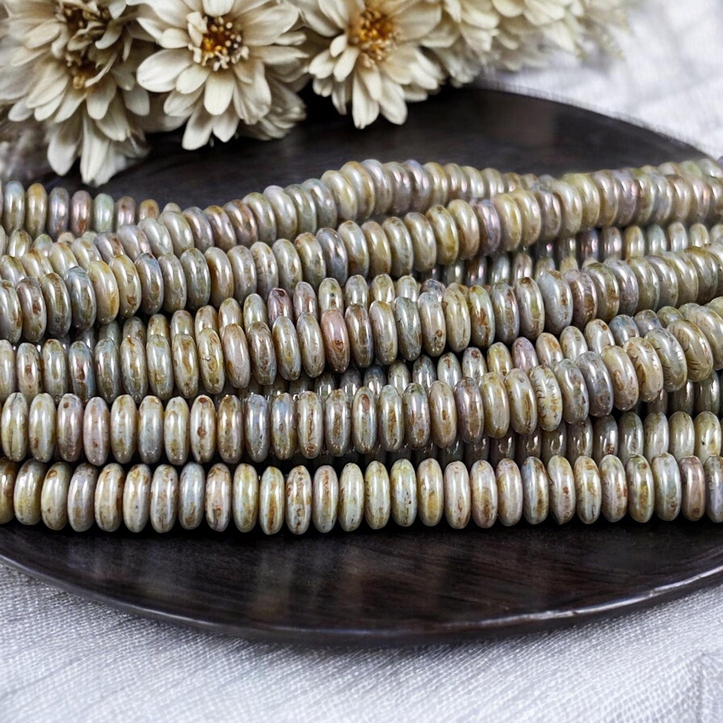 Czech Glass Beads - 6x2mm Heishi Rondelle, Sage Green Luster (RD6/SM-P65431) * Qty. 50