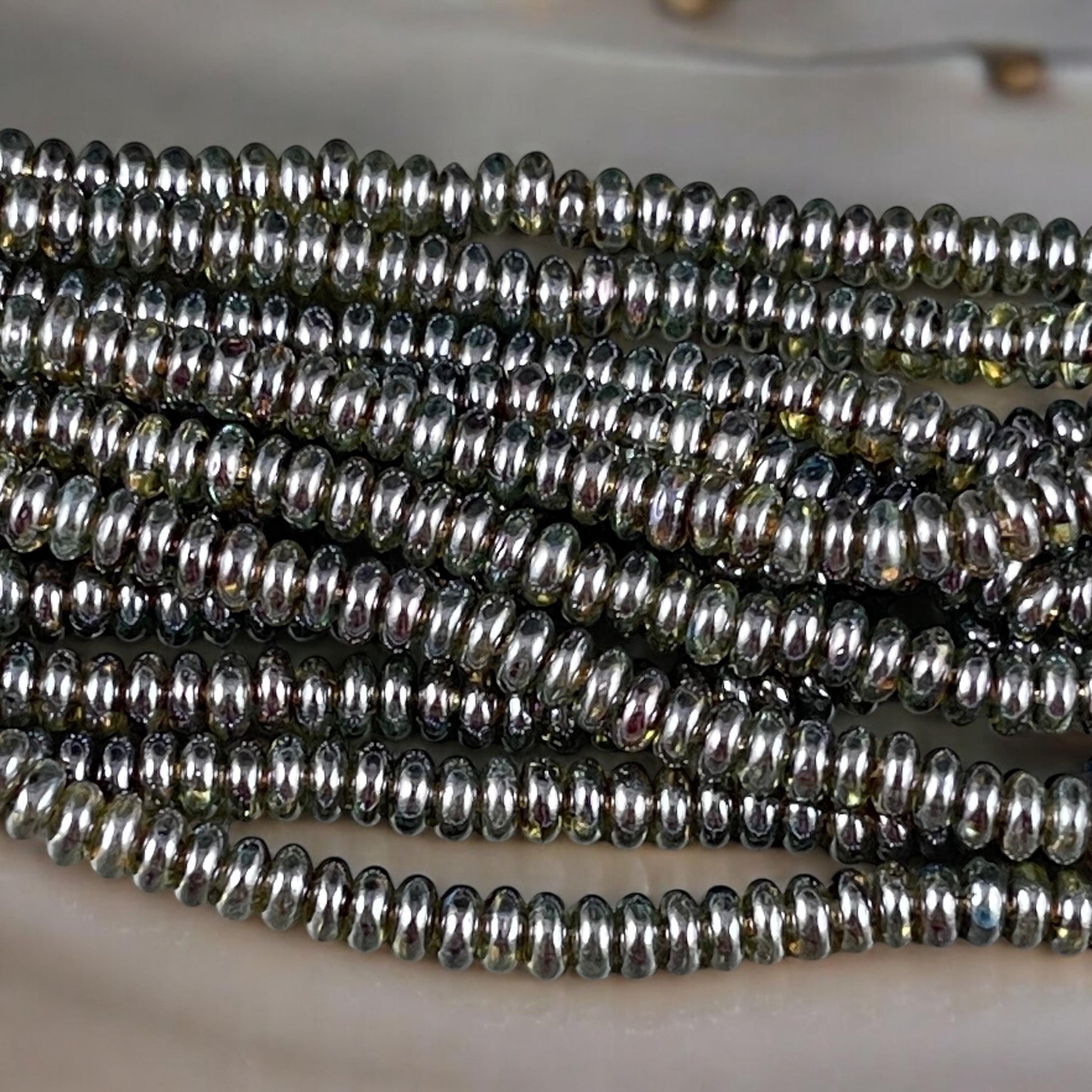 Czech Glass Beads - 4x2mm Heishi Rondelle Spacer Beads, Transparent Olive Green Luster (RD4/SM-65431) * Qty. 100