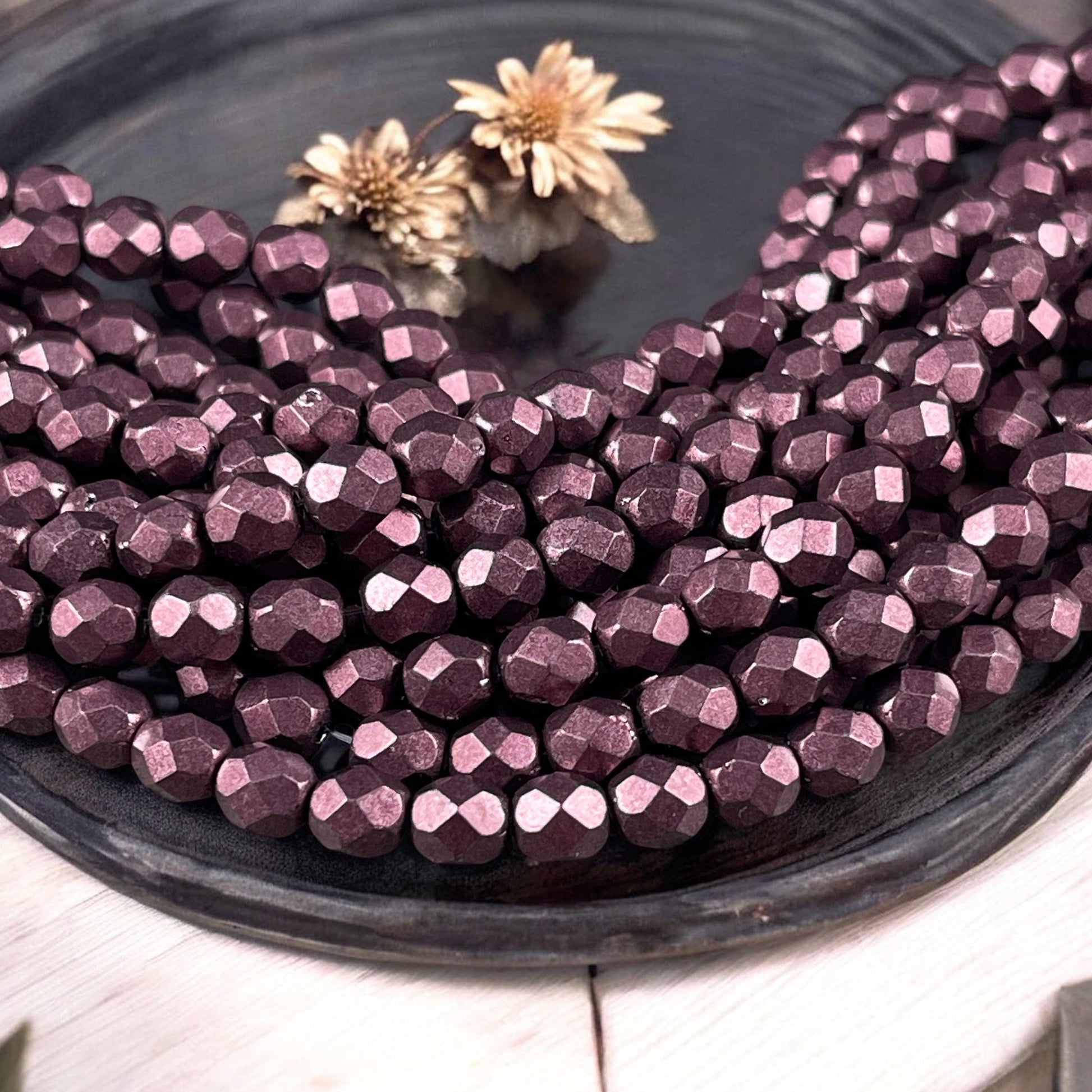 6mm Metallic Plum Satin Finish Czech Glass Beads ~ Dark Wine Coated Faceted Round Beads (FP6/SM-06B01) * Qty 25