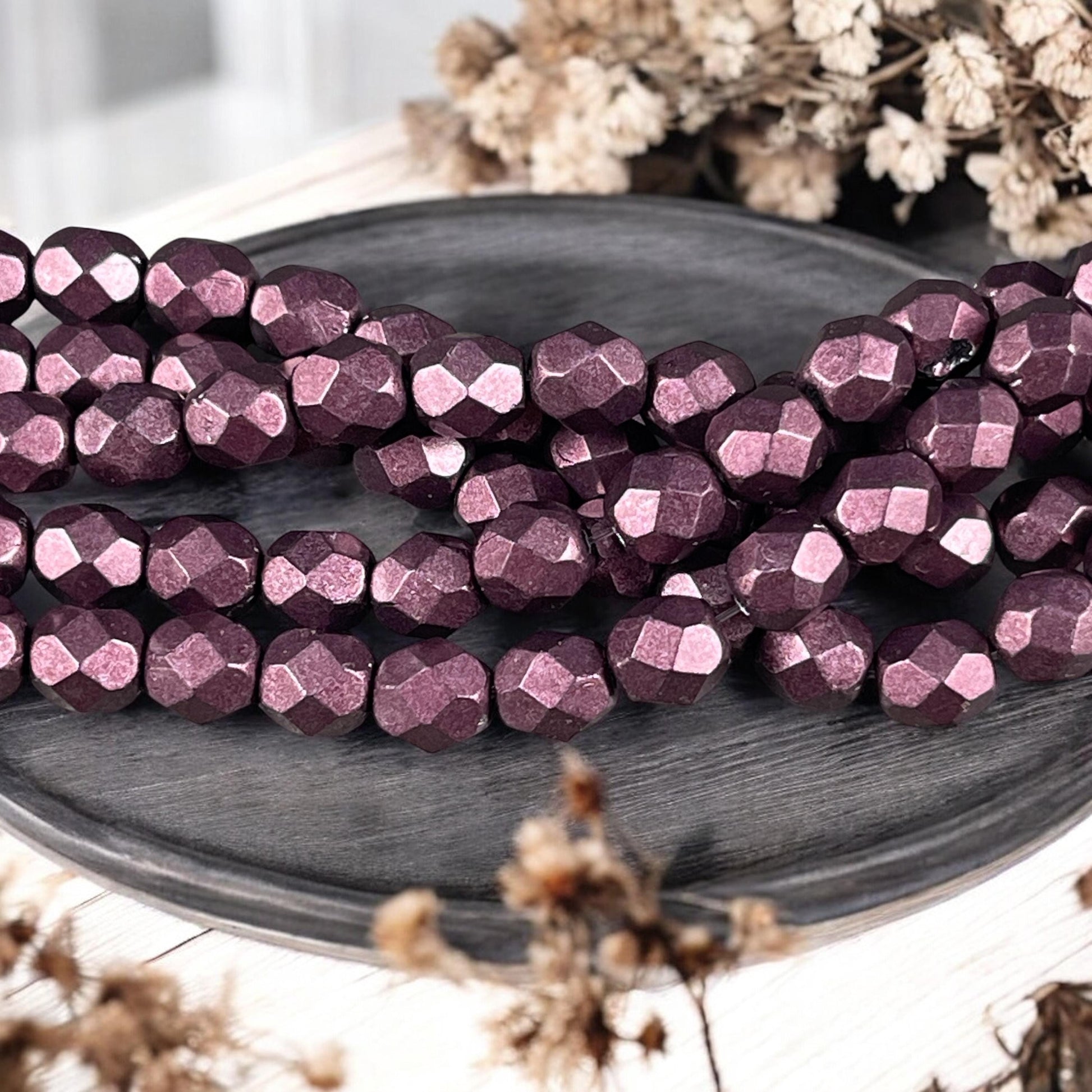 Czech Glass - 6mm Metallic Plum Satin Finish Faceted Round Beads (FP6/SM-06B01) * Qty. 25