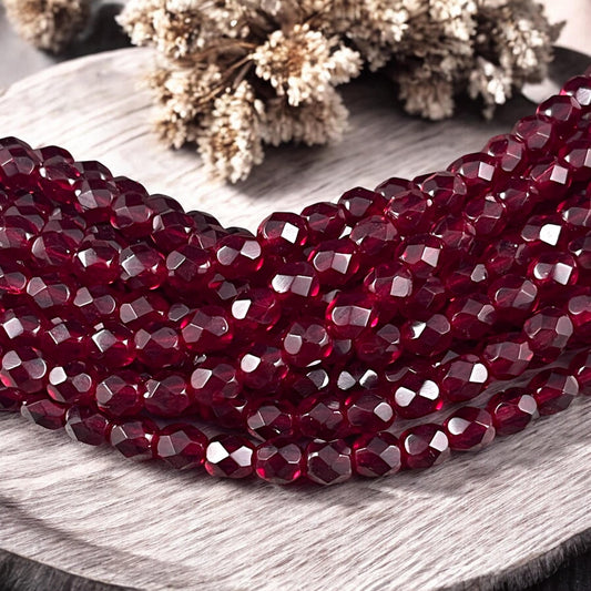 Garnet Czech Beads 6mm Czech Glass Fire Polished Beads 6mm Faceted Round Beads - Dark Red Garnet (FP6/SM-9011) - Qty 25