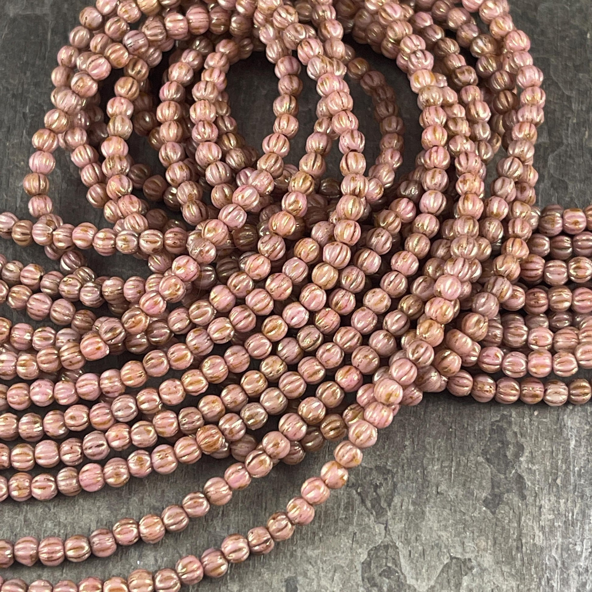 3mm Czech Glass Beads, Rose Gold Topaz Luster, Salmon Pink Picasso Melon Beads, (D3M/SM-P65491) * Qty. 100