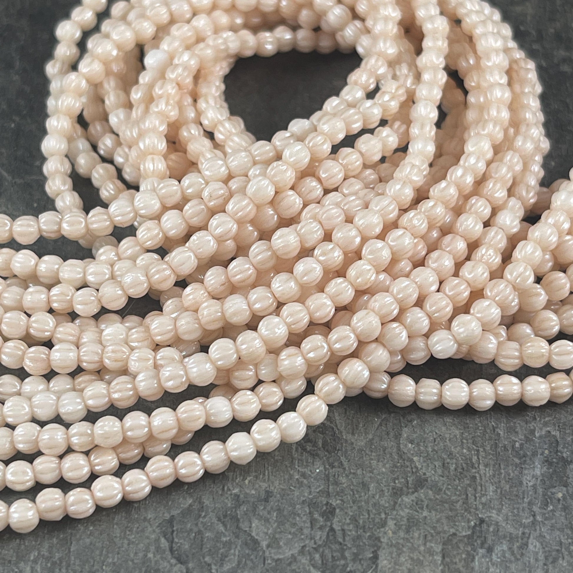 3mm Czech Glass Beads, Opaque Beige Melon Beads, Champagne Beige Luster (D3M/SM-P14413) * Qty. 100