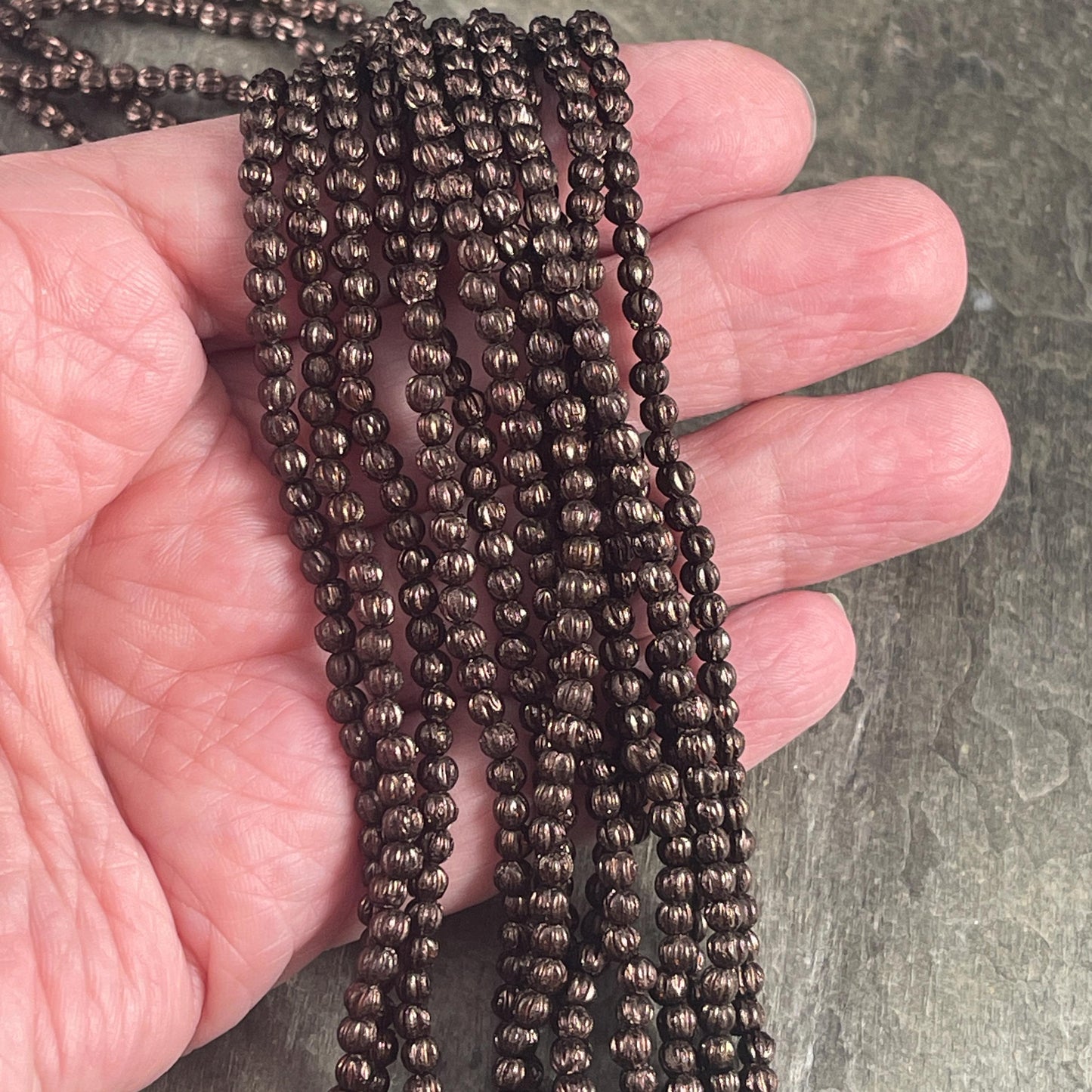 3mm Czech Glass Beads, Metallic Bronze Melon Beads, Opaque Dark Brown Beads (D3M/SM-14415) * Qty. 100