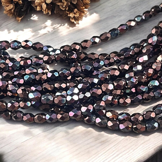 Czech Glass Beads - 4mm Faceted Round Beads, Metallic Wine, Plum Luster (FP4/SM-B15726) * Qty. 50