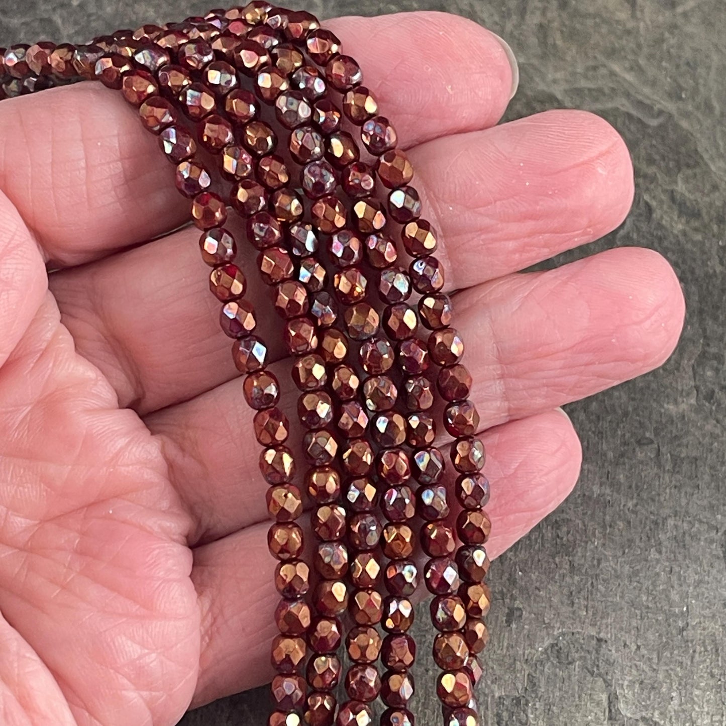 4mm Faceted Round Czech Glass Beads, Opaque Red with Bronze/Hematite Picasso Finishes (FP4/15780) * Qty. 50