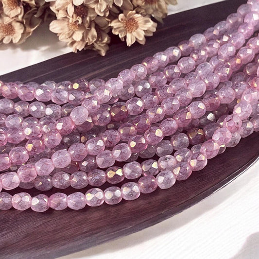 Czech Glass - 4mm Faceted Round Beads, Marbled Pink Luster (FP4/SM-64495) * Qty. 50