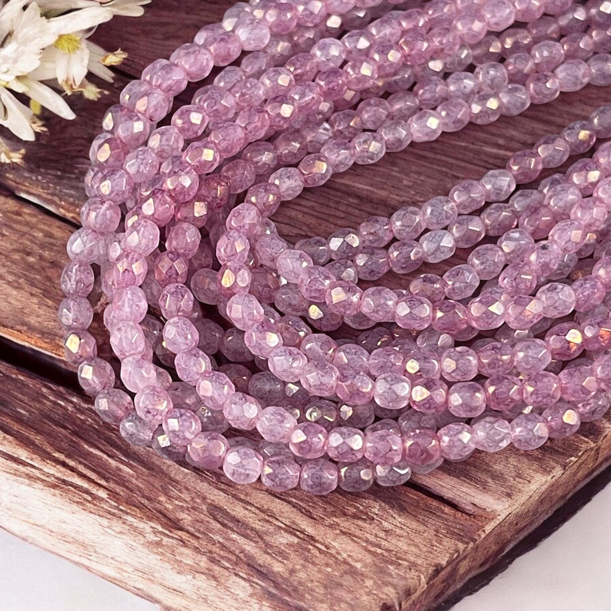 4mm Faceted Round Czech Glass Beads, Marbled Pink Luster (FP4/64495) * Qty. 50