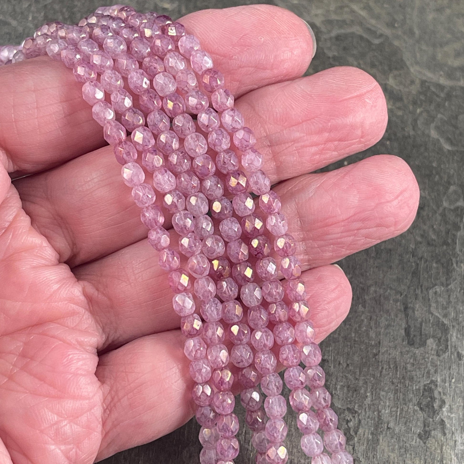 4mm Faceted Round Czech Glass Beads, Marbled Pink Luster (FP4/64495) * Qty. 50