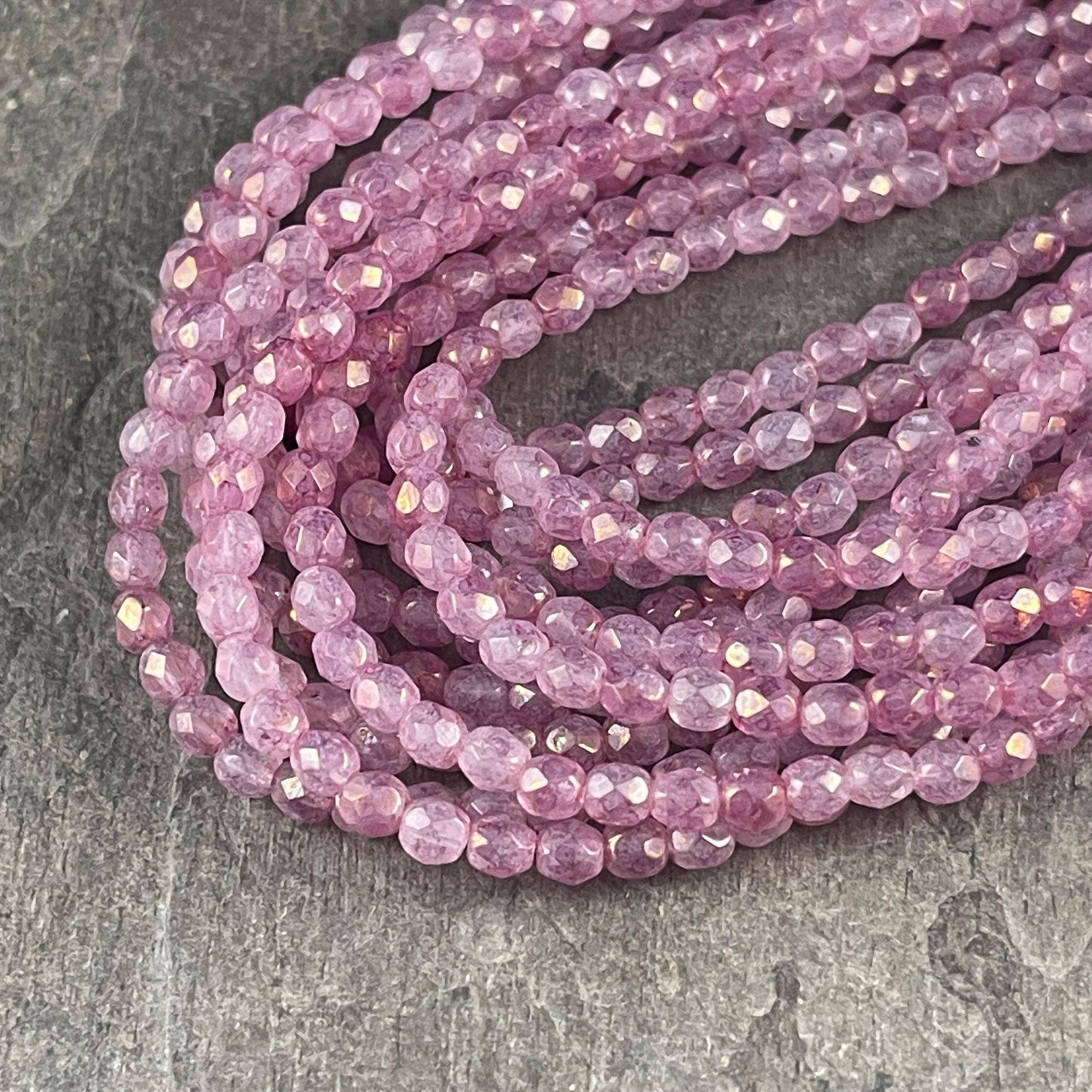 4mm Faceted Round Czech Glass Beads, Marbled Pink Luster (FP4/64495) * Qty. 50