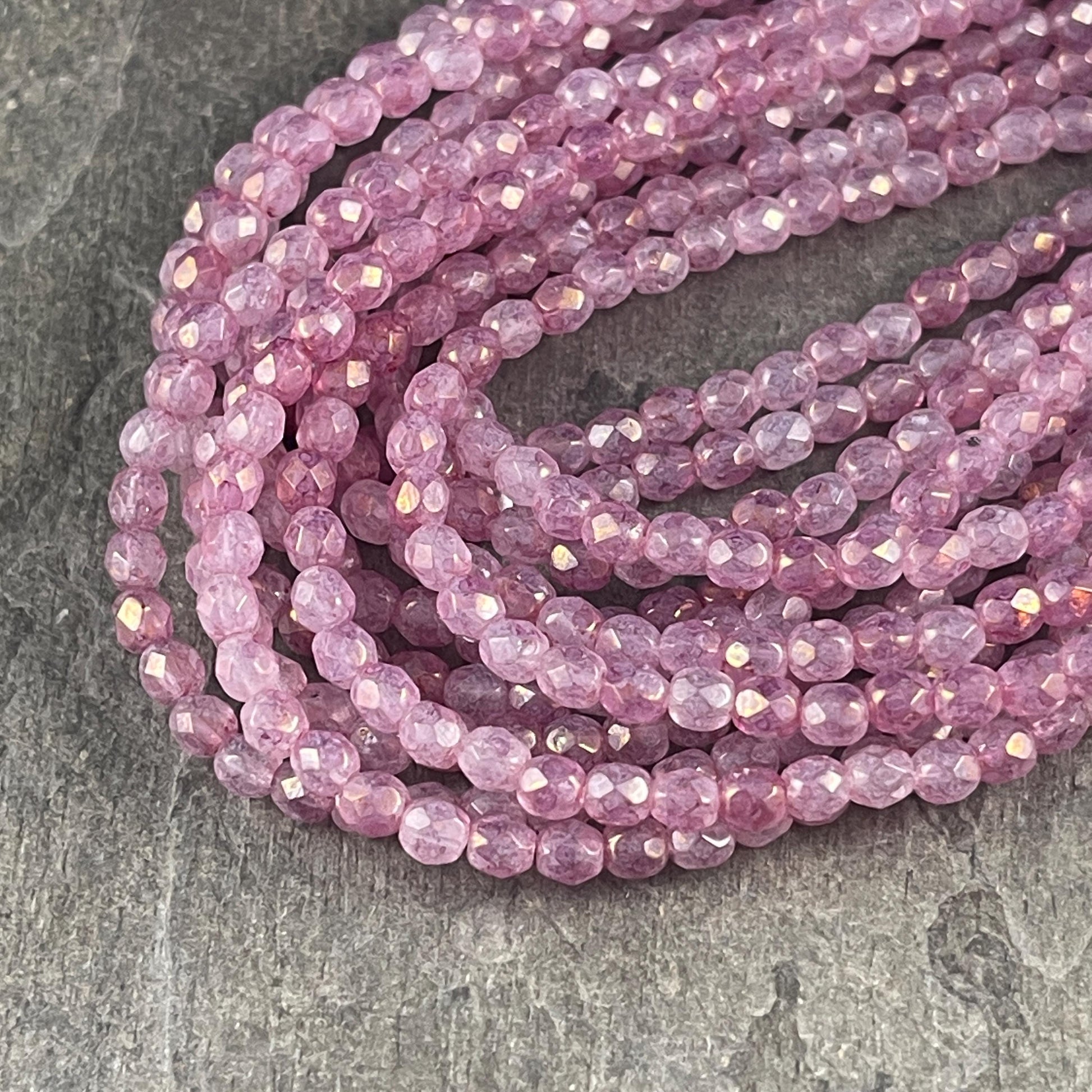 4mm Faceted Round Czech Glass Beads, Marbled Pink Luster (FP4/64495) * Qty. 50