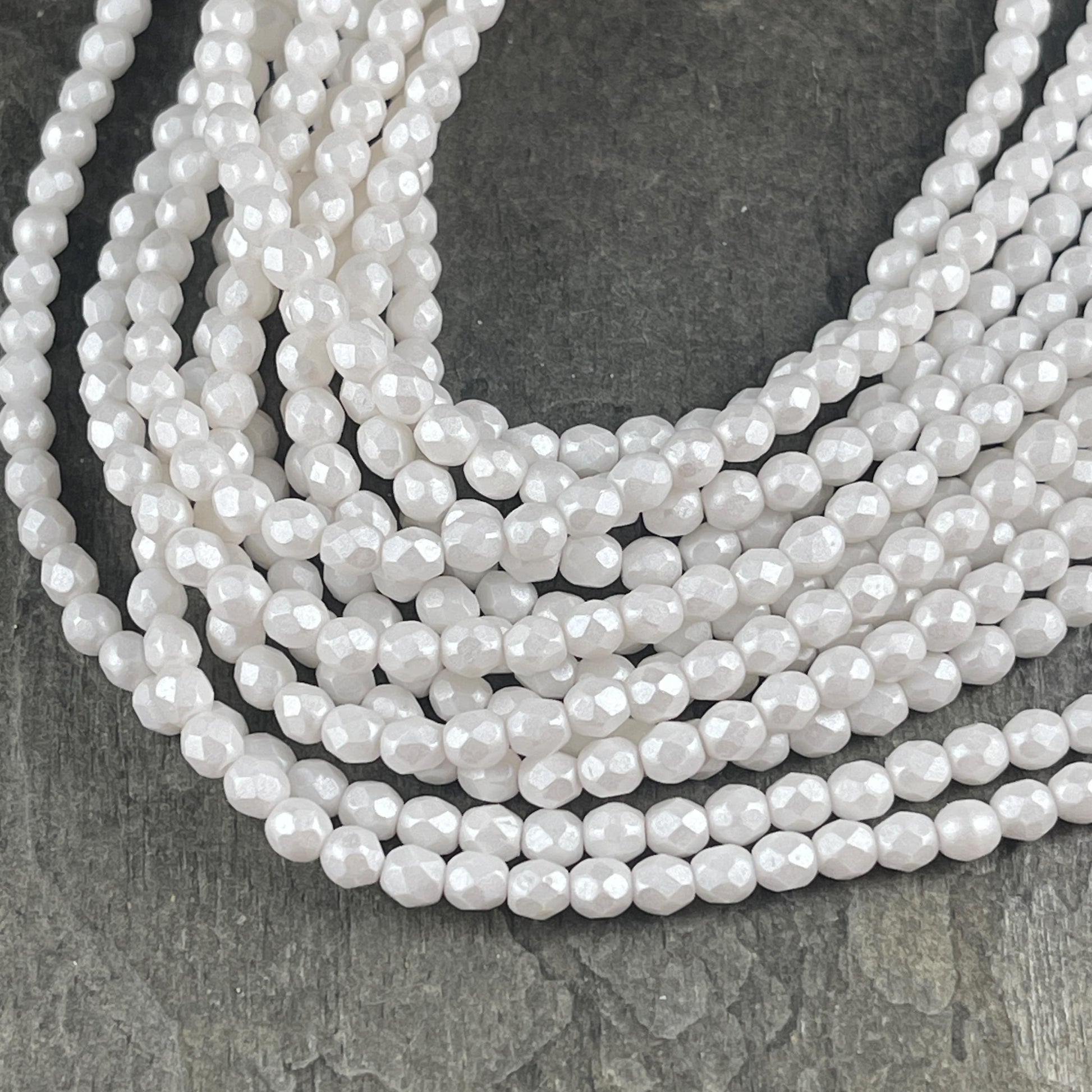 Czech Glass Beads - 4mm White Faceted Beads, Alabaster Shimmer Luster (FP4/SM-S24C02010) * Qty 50