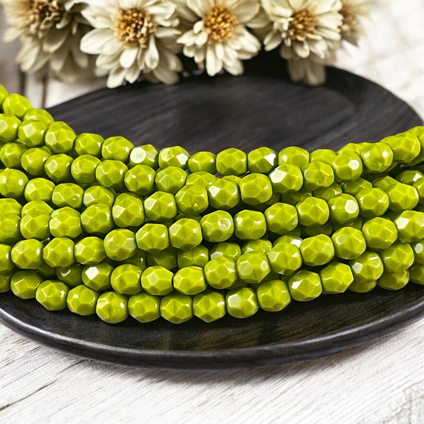 Opaque Olive Green Czech Glass Beads, Avocado Green 4mm Faceted Round Beads (FP4/SM-53420) * Qty 50