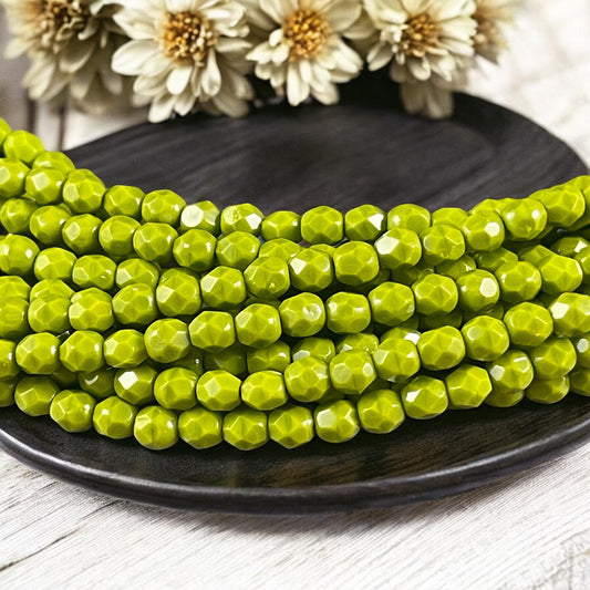 Czech Beads - 4mm Faceted Round Opaque Olive Green, Avocado Green (FP4/SM-53420) * Qty. 50