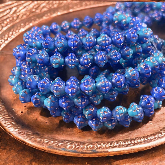 Turquoise and Royal Blue Czech Glass Beads, 6mm Saturn Bicone (PS6/RJ-5234) * 25 Beads