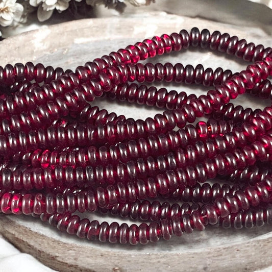 Czech Glass Beads - Garnet Red 4x2mm Heishi Rondelle, Transparent Dark Red (RD4/SM-9011) * Qty. 100