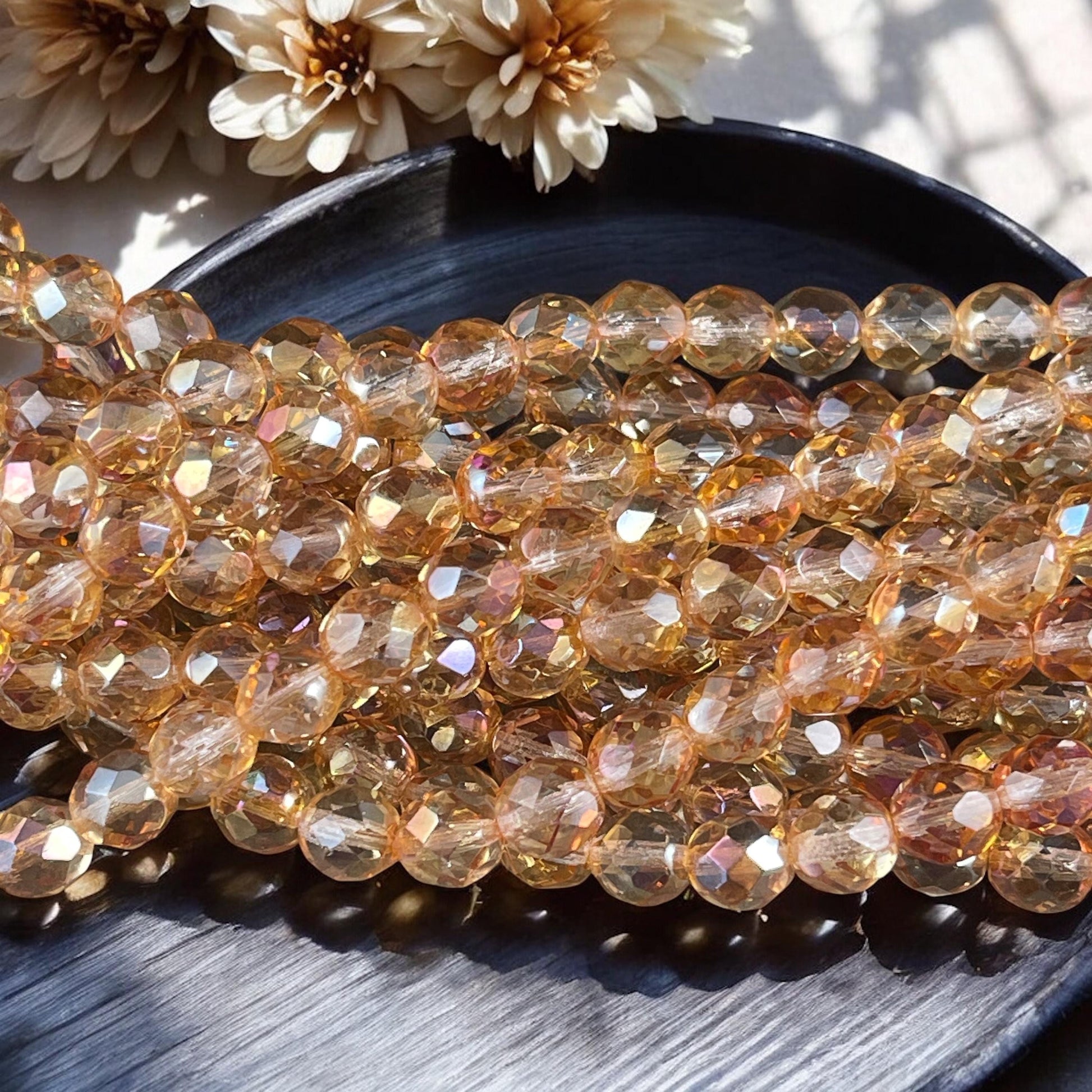 Czech Glass Beads - Transparent Celsian 8mm Faceted Round Beads, Golden Transparent Beads (FP8/SM-Z0003 ) * Qty. 25