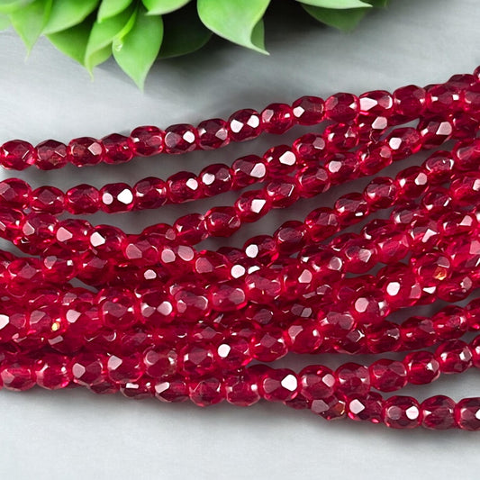 Ruby Red Czech Glass Beads - 4mm Faceted Round Beads - Transparent Red Beads (FP4/SM-9010) * Qty. 50