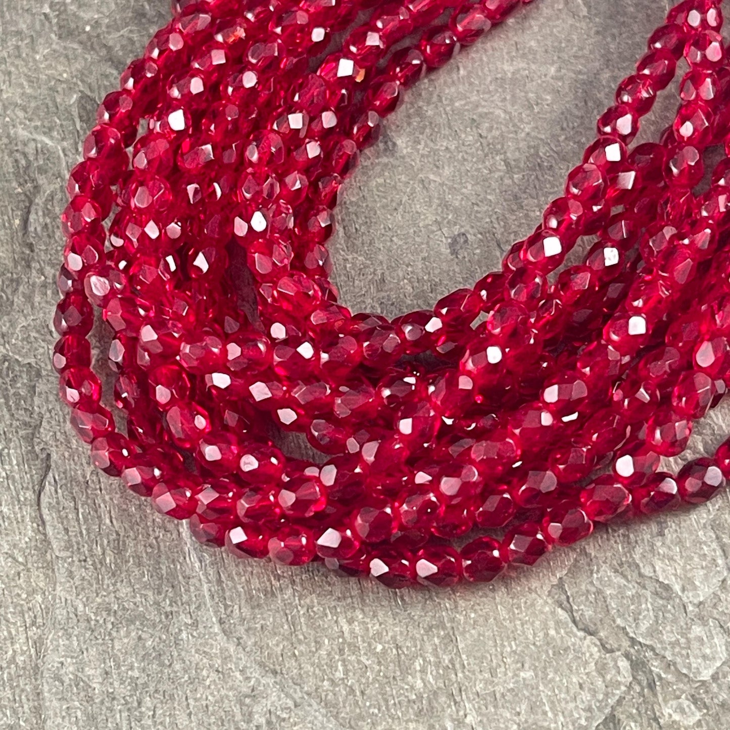 Czech Glass Beads - Ruby Red 4mm Faceted Round Beads - Transparent Red Beads (FP4/SM-9010) * Qty. 50