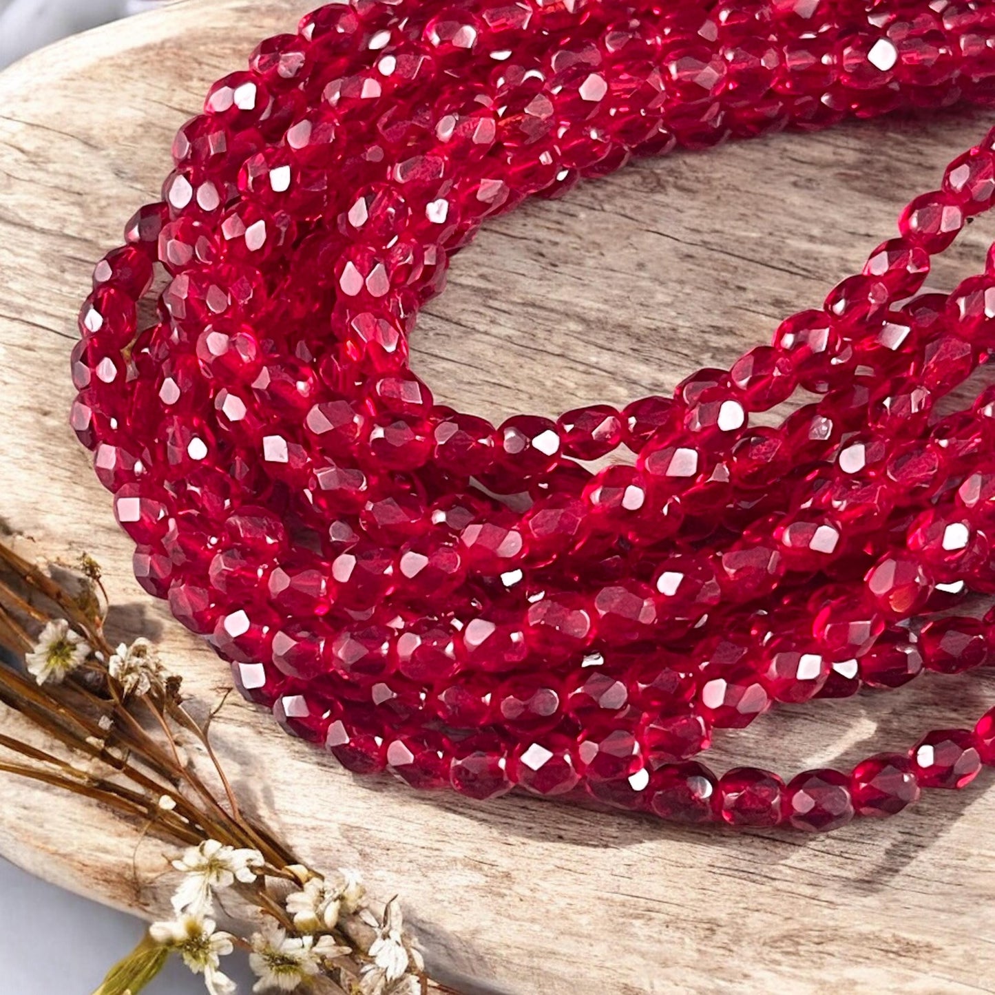 Czech Glass Beads - Ruby Red 4mm Faceted Round Beads - Transparent Red Beads (FP4/SM-9010) * Qty. 50