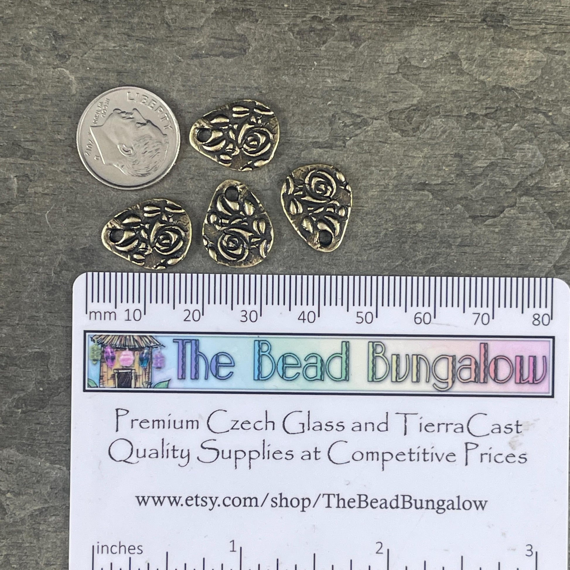 NEW TierraCast Floral Dulce Vida Charm, Antiqued Brass Floral Theme Teardrop Charm (PF/581-57) * Qty. 4