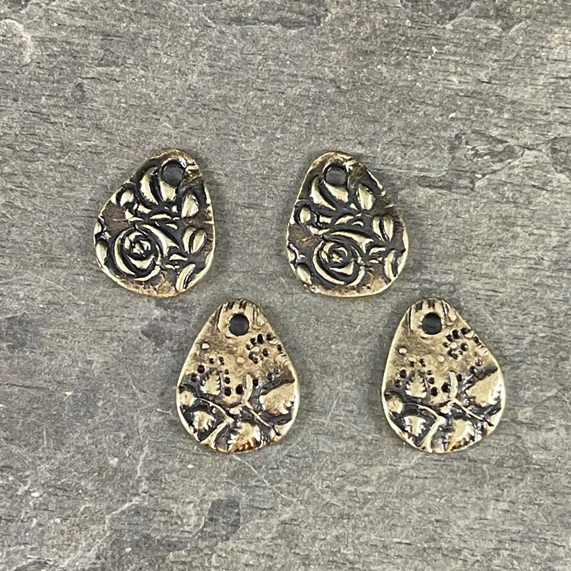 NEW TierraCast Floral Dulce Vida Charm, Antiqued Brass Floral Theme Teardrop Charm (PF/581-57) * Qty. 4