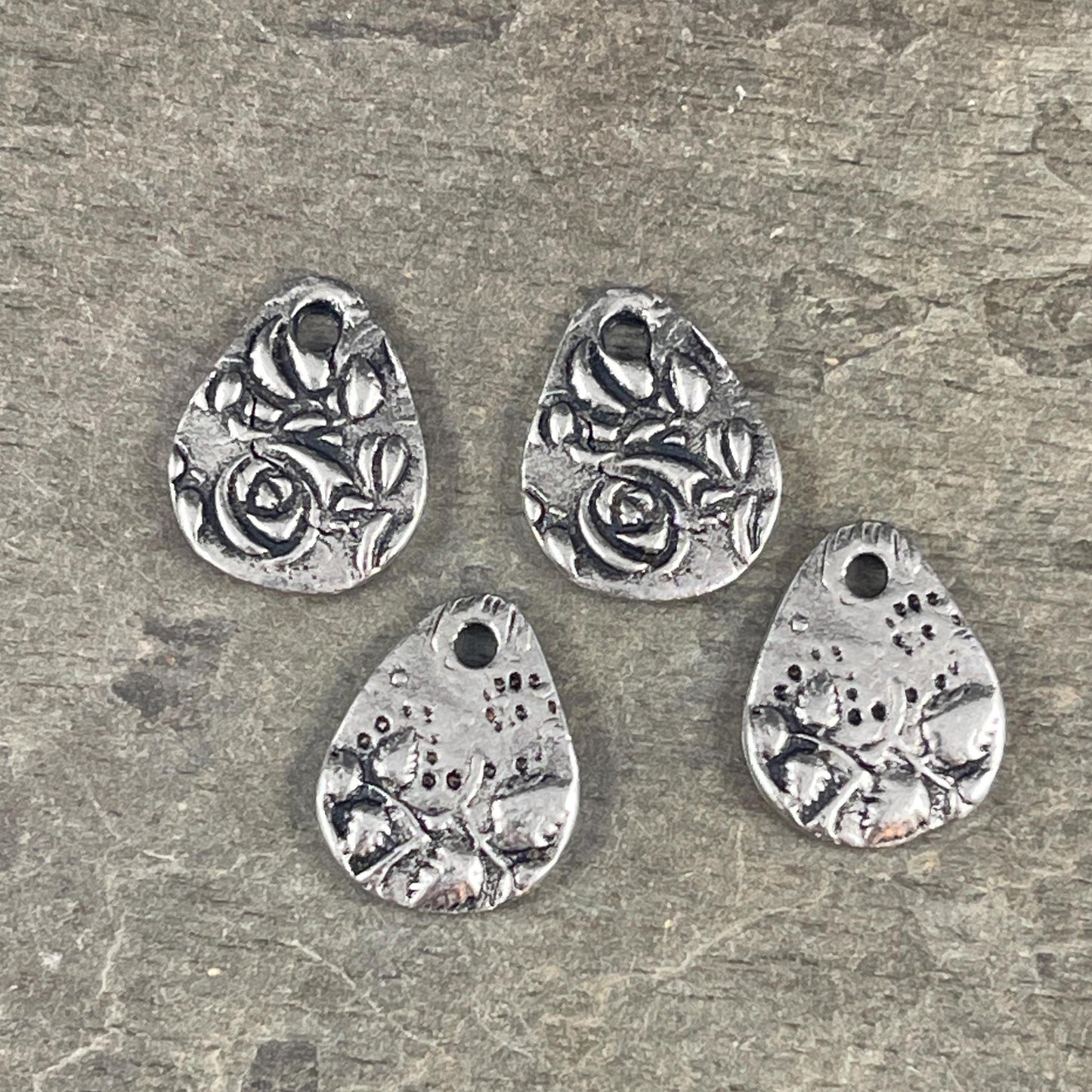 TierraCast Dulce Vida Collection, Antiqued Pewter Floral Theme Double Sided Teardrop Charms (PF/581-04) * Qty. 4