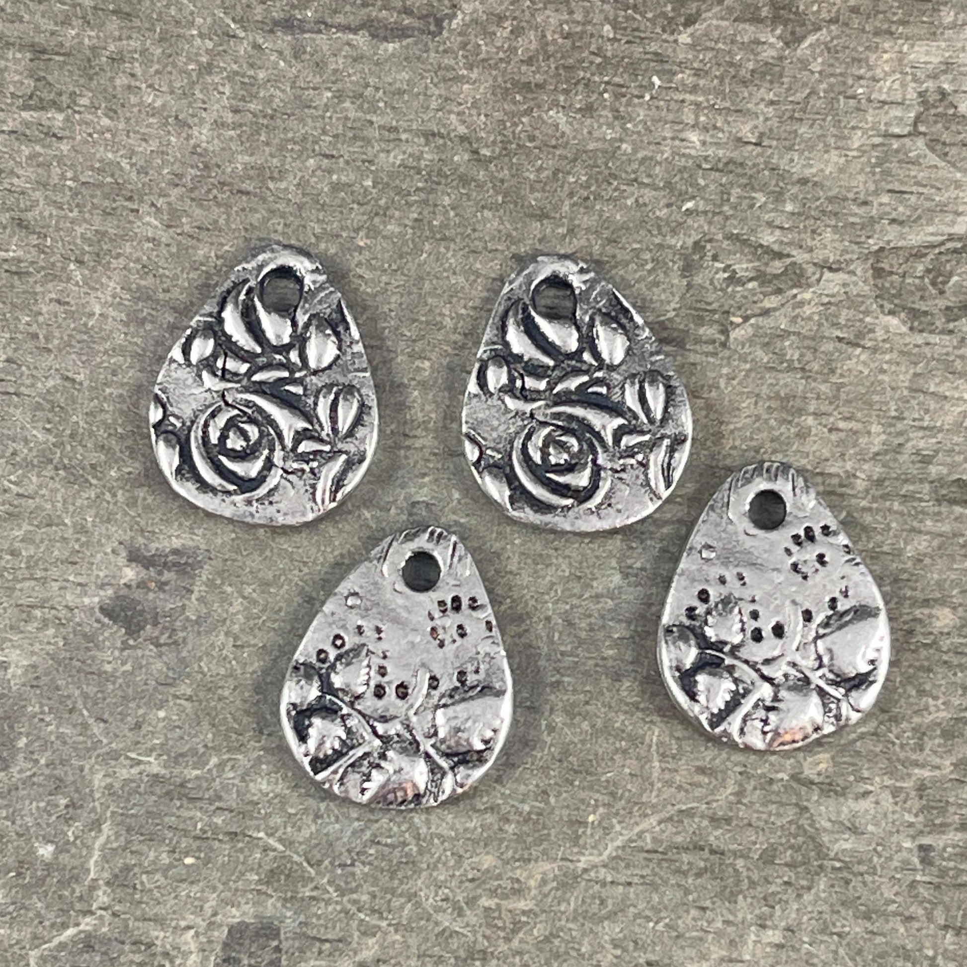 TierraCast Dulce Vida Collection, Antiqued Pewter Floral Theme Double Sided Teardrop Charms (PF/581-04) * Qty. 4
