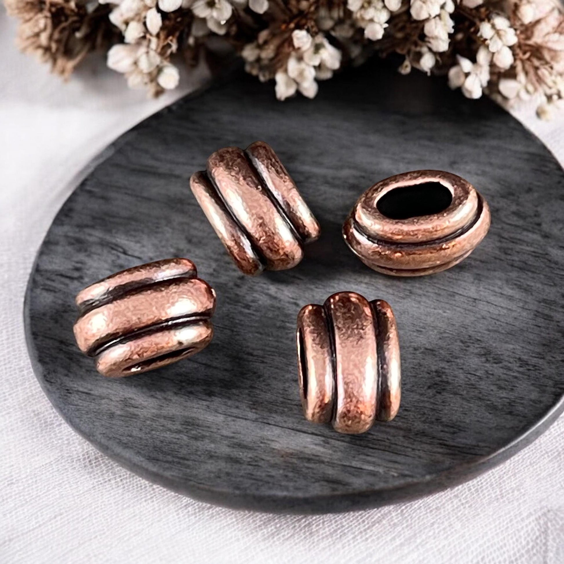 NEW TierraCast Large Hole Beads, Antiqued Copper 4x2mm Deco Barrel Bead, Crimpable for Leather or Cord (PF/883-87) * Qty. 6