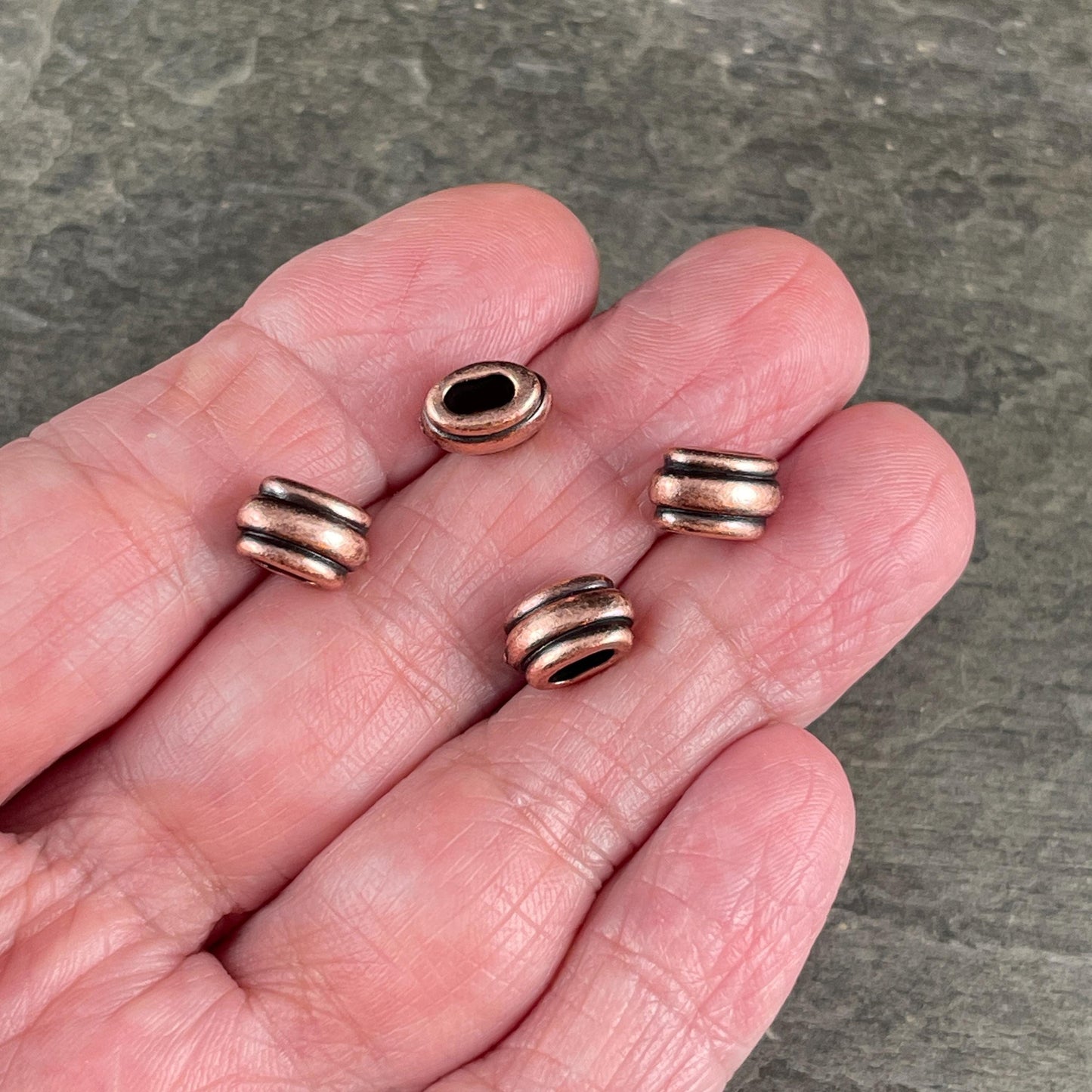 NEW TierraCast Large Hole Beads, Antiqued Copper 4x2mm Deco Barrel Bead, Crimpable for Leather or Cord (PF/883-87) * Qty. 6