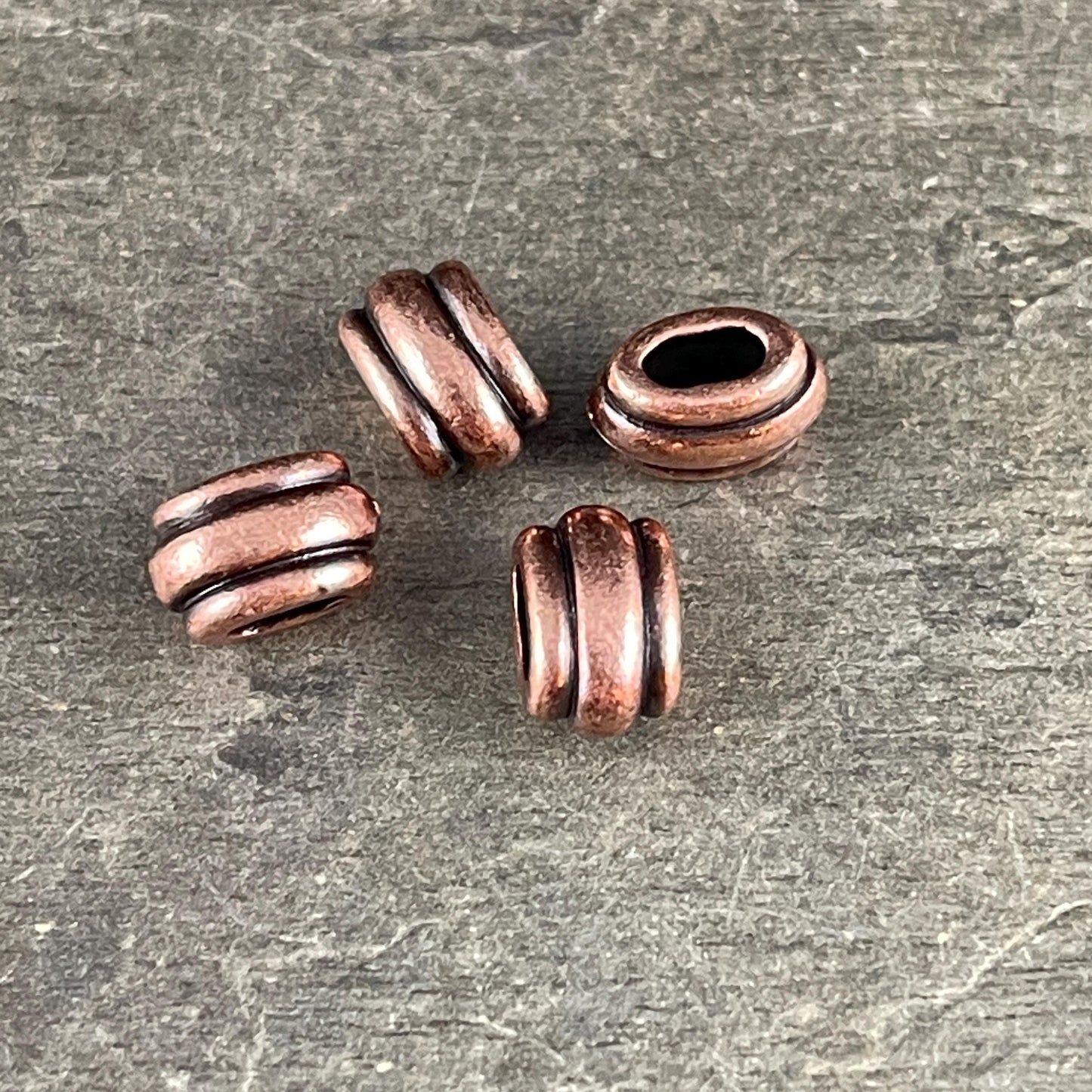 NEW TierraCast Large Hole Beads, Antiqued Copper 4x2mm Deco Barrel Bead, Crimpable for Leather or Cord (PF/883-87) * Qty. 6