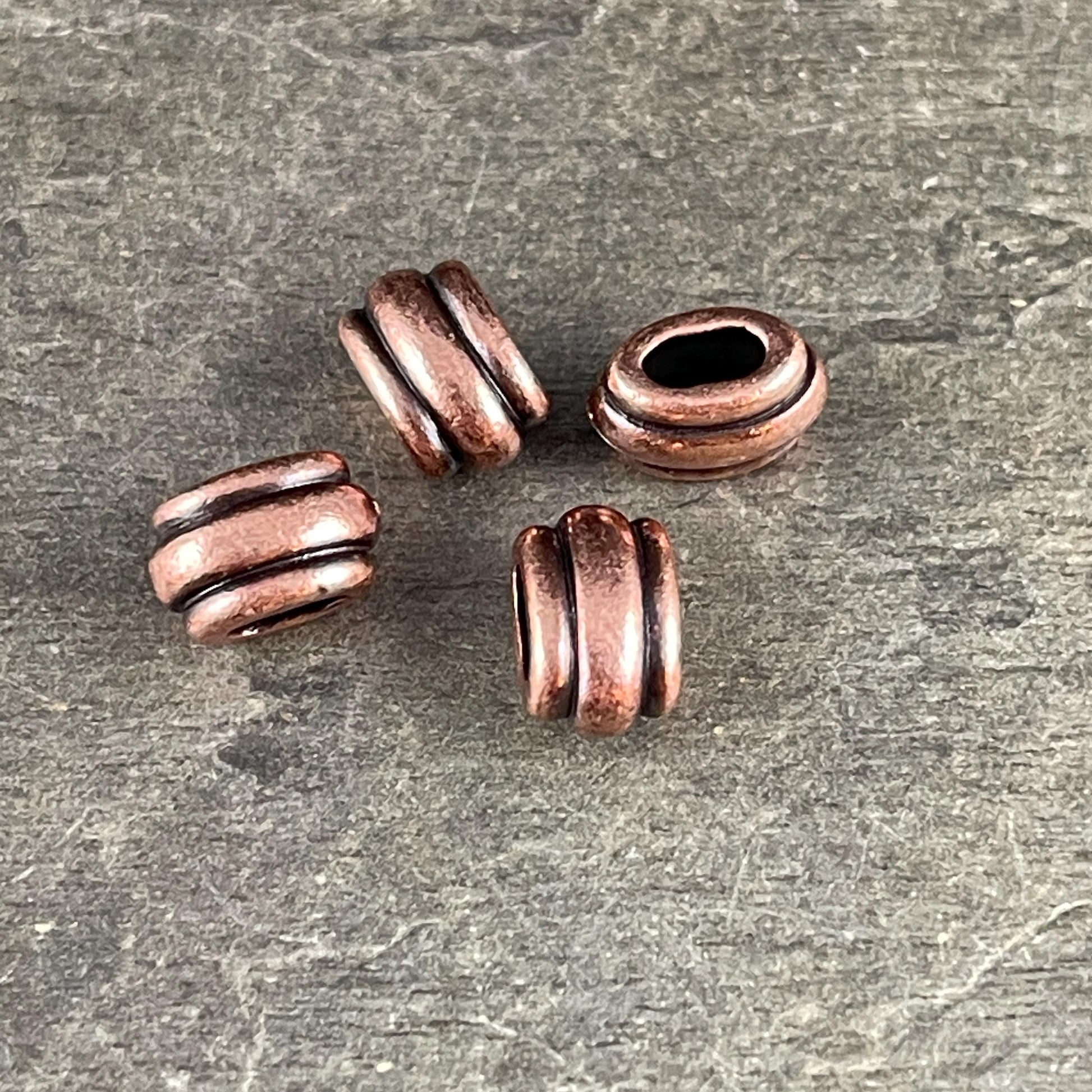 NEW TierraCast Large Hole Beads, Antiqued Copper 4x2mm Deco Barrel Bead, Crimpable for Leather or Cord (PF/883-87) * Qty. 6