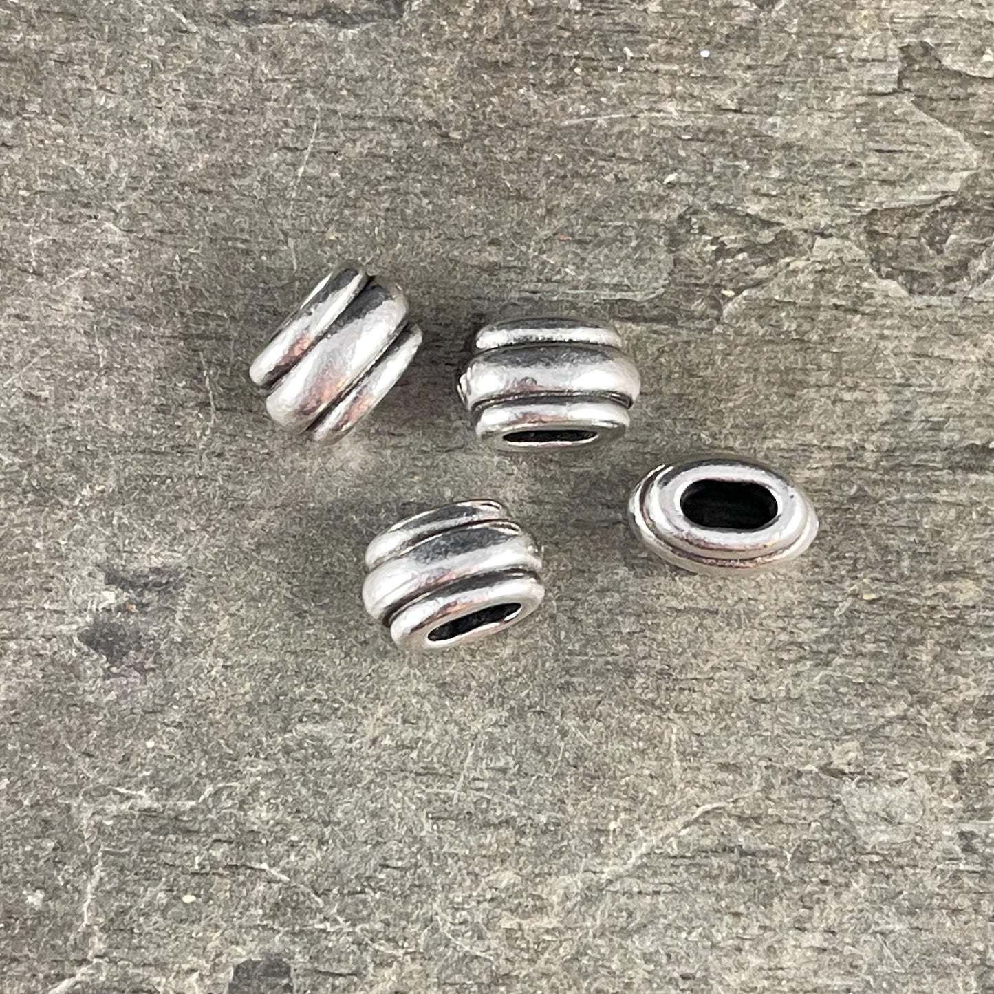 NEW TierraCast Large Hole Beads, Antiqued Silver 4x2mm Deco Barrel Bead, Crimpable for Leather or Cord (PF/883-87) * Qty. 6