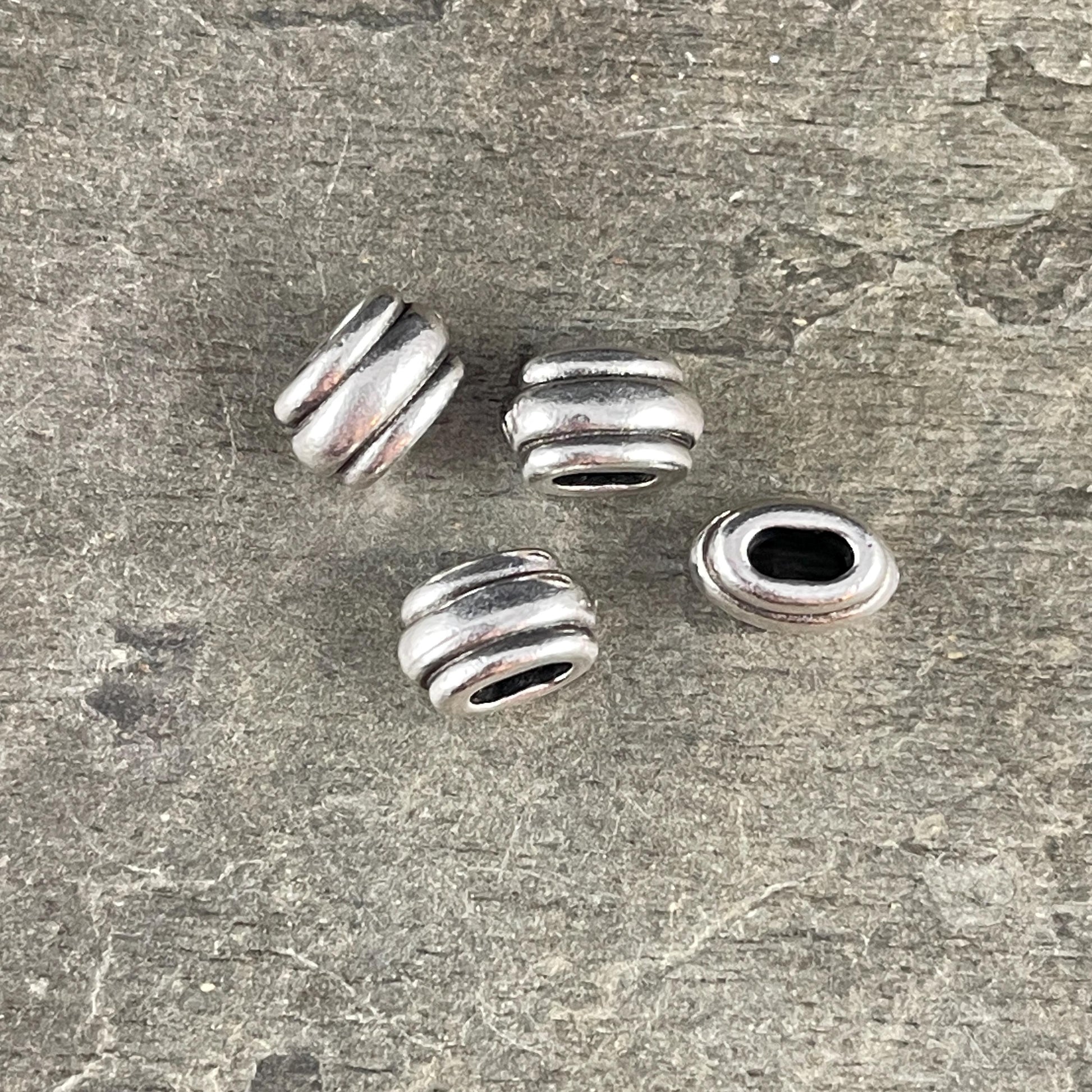 NEW TierraCast Large Hole Beads, Antiqued Silver 4x2mm Deco Barrel Bead, Crimpable for Leather or Cord (PF/883-87) * Qty. 6