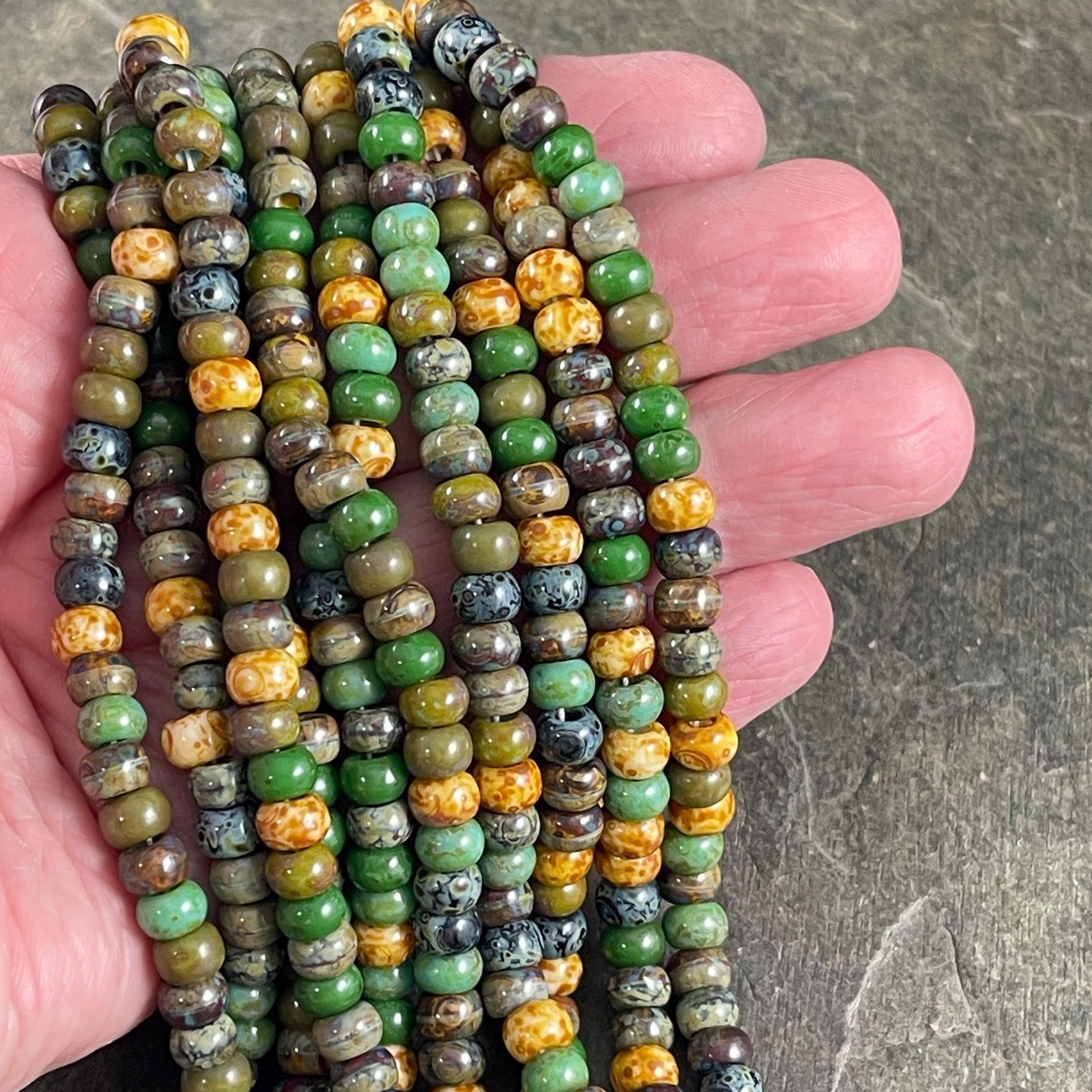 2/0 Green Picasso Seed Bead Mix, 6mm Turquoise, Olive and Kelly Green, Brown, Beige and Black Picasso Seed Bead (2/0-Jade) * 20" Strand